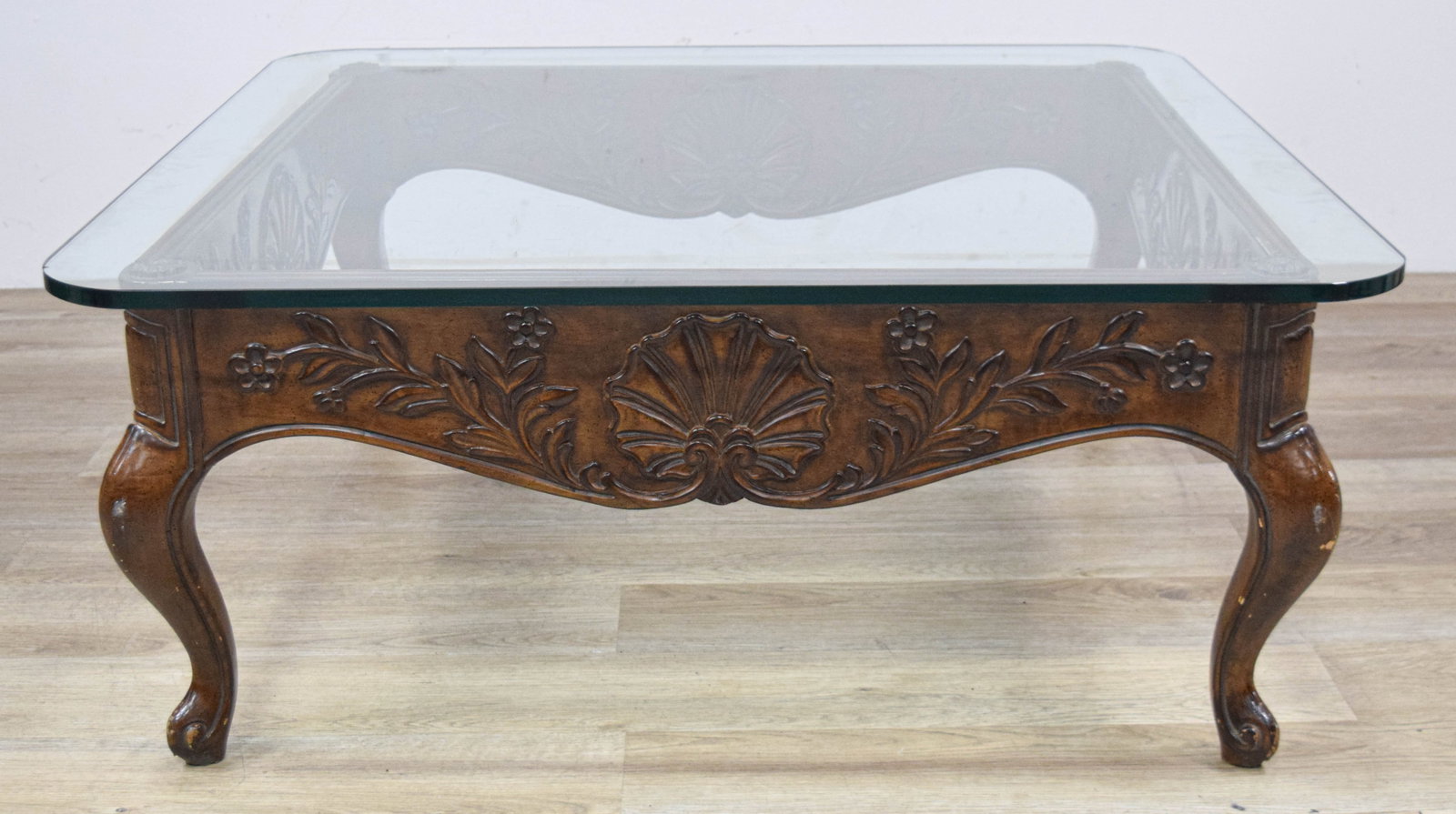 French Country Carved Wood Coffee Table with Glass Top (1 of 15)