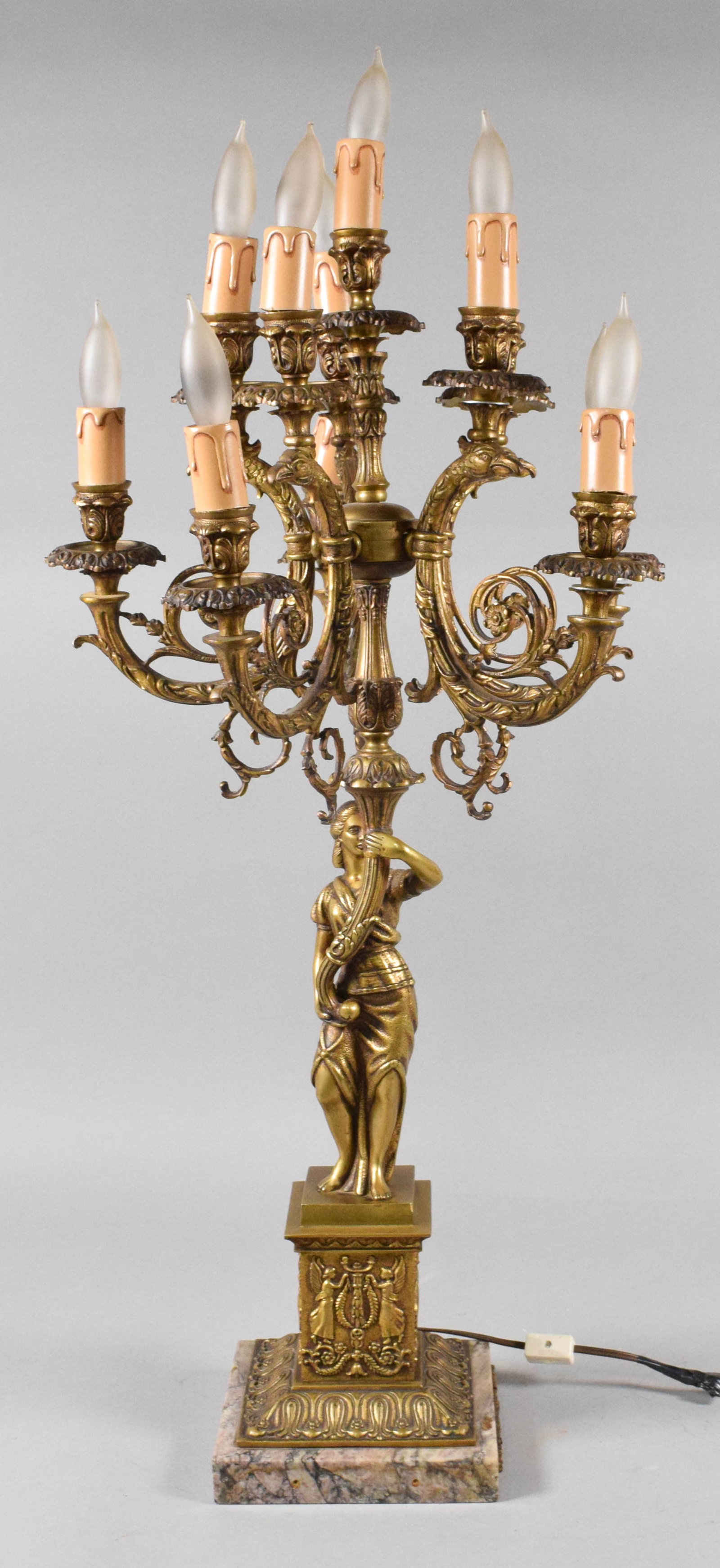 Ten-Light Gilt Metal and Marble Figural Candelabra Lamp (1 of 14)