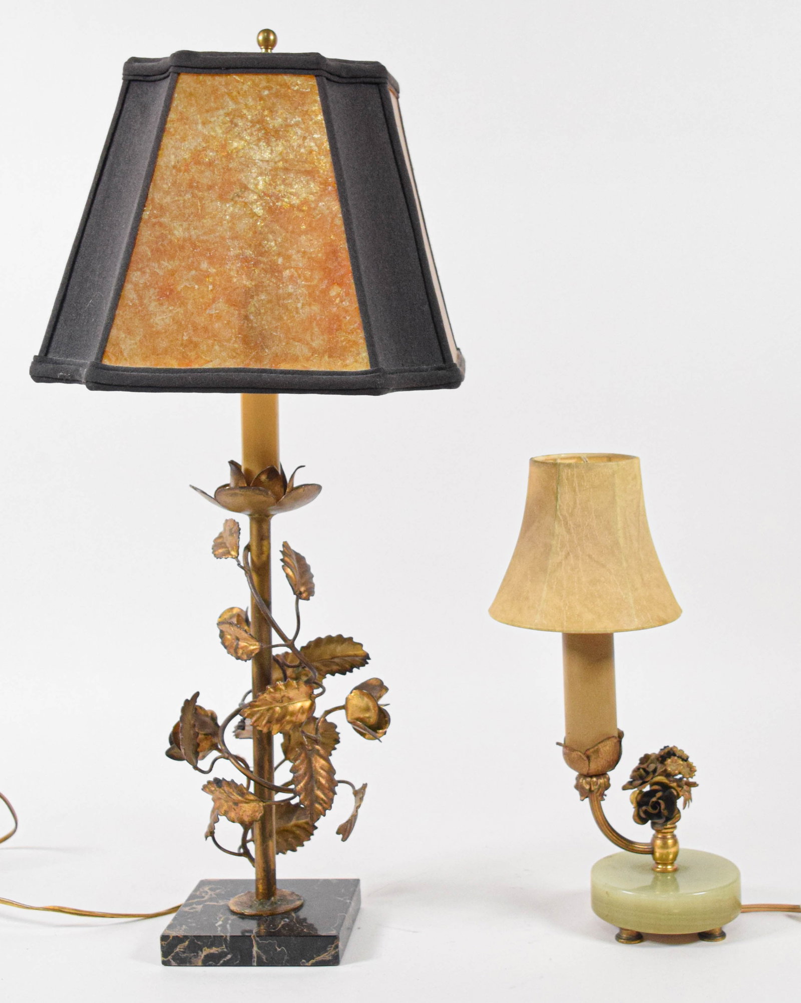 Set of 2 Gilt Metal Floral Table Lamps with Stone Bases: This set of two mid-century floral-themed table lamps features gilt-finished metal construction and natural stone bases. The taller lamp is designed with a central stem decorated with applied metal ro