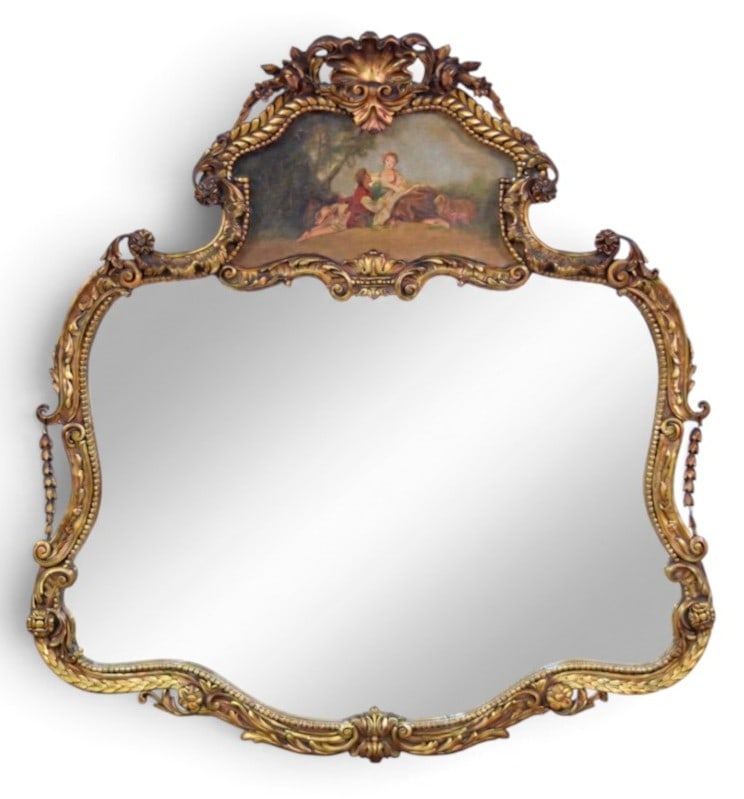 Large Louis XV Style Gilded Mantle Mirror with Pastoral Painting (1 of 11)