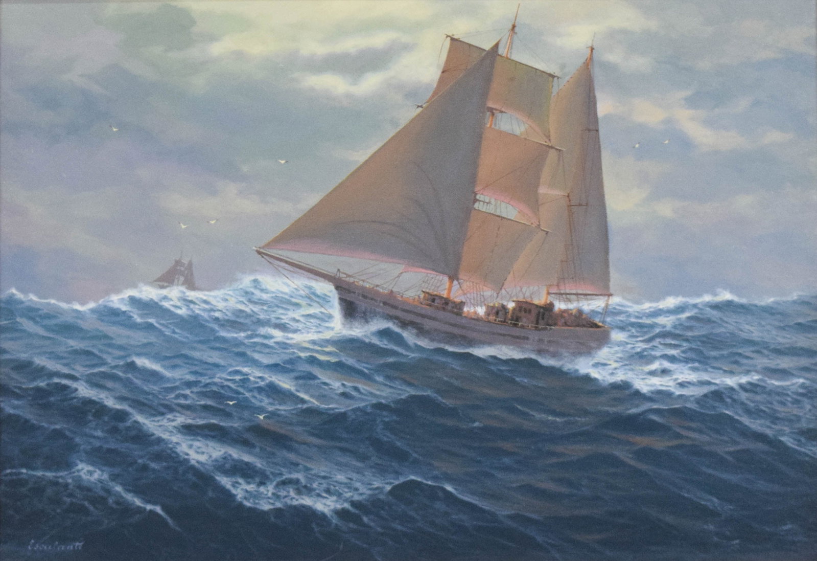 Gabriel Escalante Oil on Canvas Fishing School Vessel Henryk Rutkowski: Gabriel Escalante (Mexico 1984-) Oil on canvas "Fishing School Vessel Henryk Rutkowski". Executed in a contemporary maritime realist style, the composition features a schooner navigating heavy, white-