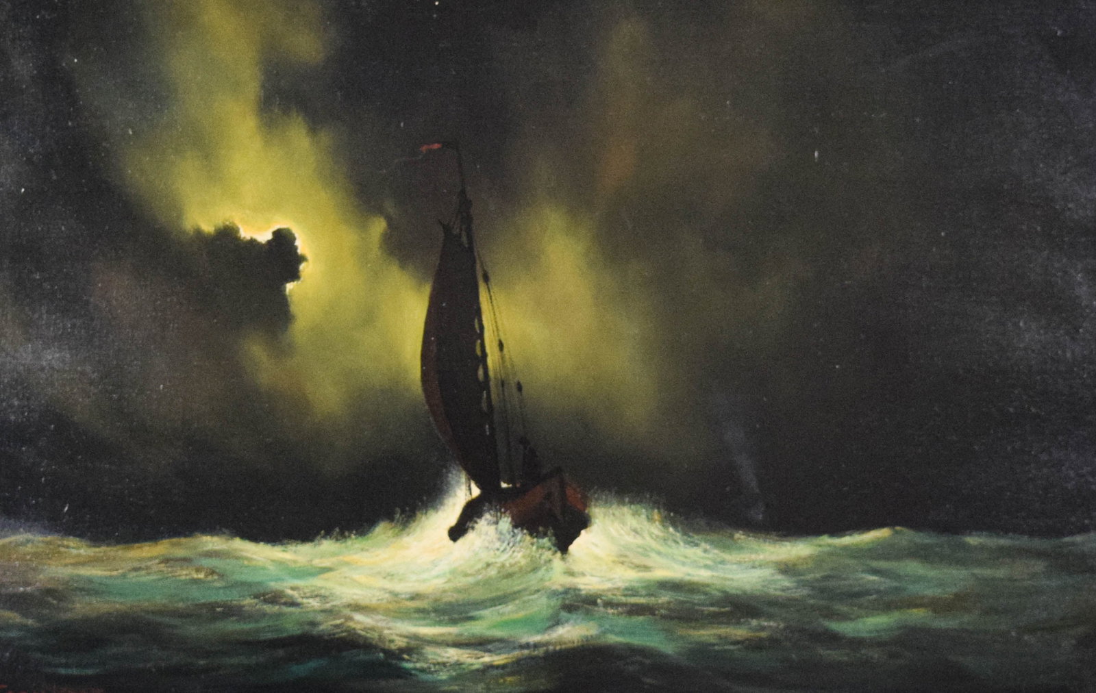 Toon Koster Oil on Canvas Sailboat in Turbulent Seas: Toon Koster (Dutch, 1913-1989). Oil on canvas, sailboat in turbulent seas. Signed lower left. The painting is housed in a substantial, ornate Dutch-style frame. Sight: 23 x 35 in. Frame: 33 1/2 x 46 i