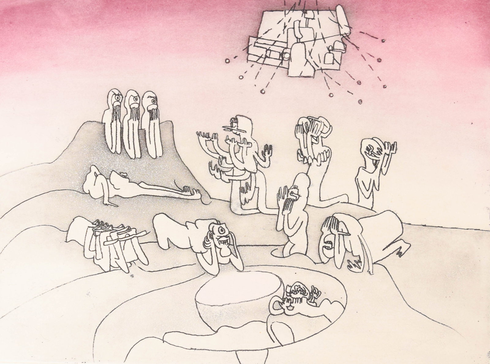 Roberto Matta Etching Judgments: Roberto Matta (Chilean, 1911-2002). Etching and aquatint, Tomorrow the World, from the Judgments portfolio. Pencil-signed lower right. 16 1/4" x 21 1/4" plate size, 20" x 26" sheet size. Location: CR 