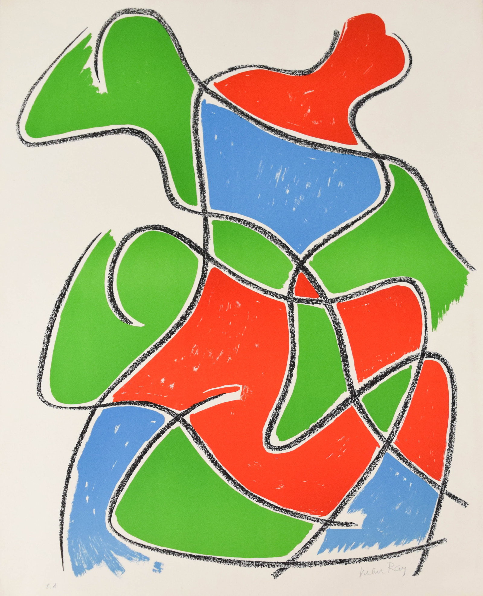 Man Ray Lithograph Tre Figure, 1968: Man Ray (American, 1890-1976). Color lithograph, Tre Figure, 1968. Pencil signed lower right. Inscribed E.A. lower left. 25 1/2" x 19 1/2" sheet size. Location: Drawer 7