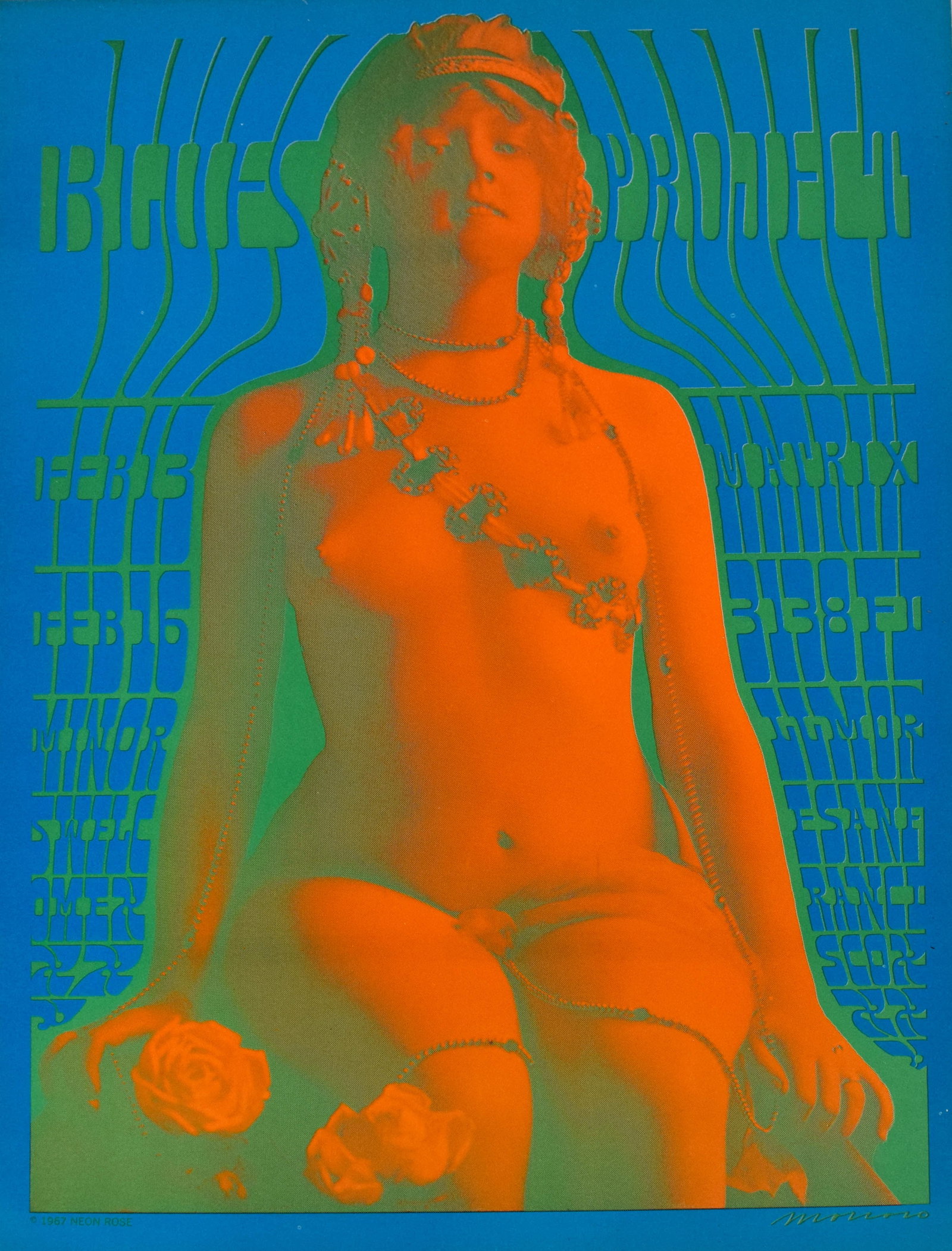 Victor Moscoso, The Blues Project Matrix Neon Rose NR-6 Concert Poster, 1967: This psychedelic concert poster is an offset lithograph designed by artist Victor Moscoso in 1967 for The Blues Project performances at The Matrix in San Francisco. Identified as NR-6 in Moscoso's inf