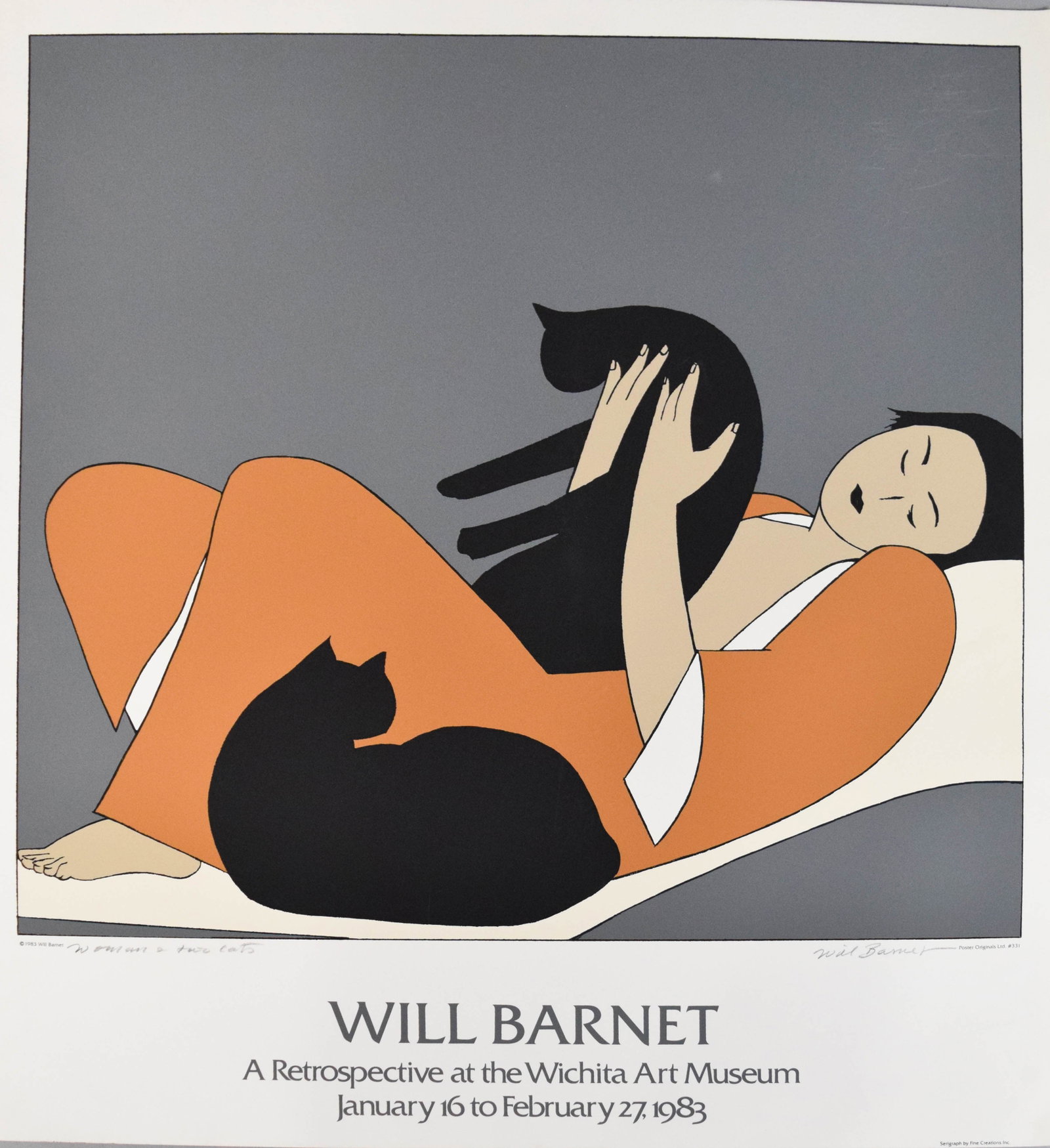Will Barnet Signed Exhibition Poster Woman & Two Cats: Will Barnet signed poster, Woman & Two Cats, for a retrospective exhibition at the Wichita Art Museum in 1983. Pencil signed lower right and titled lower left. The work is further identified as Po