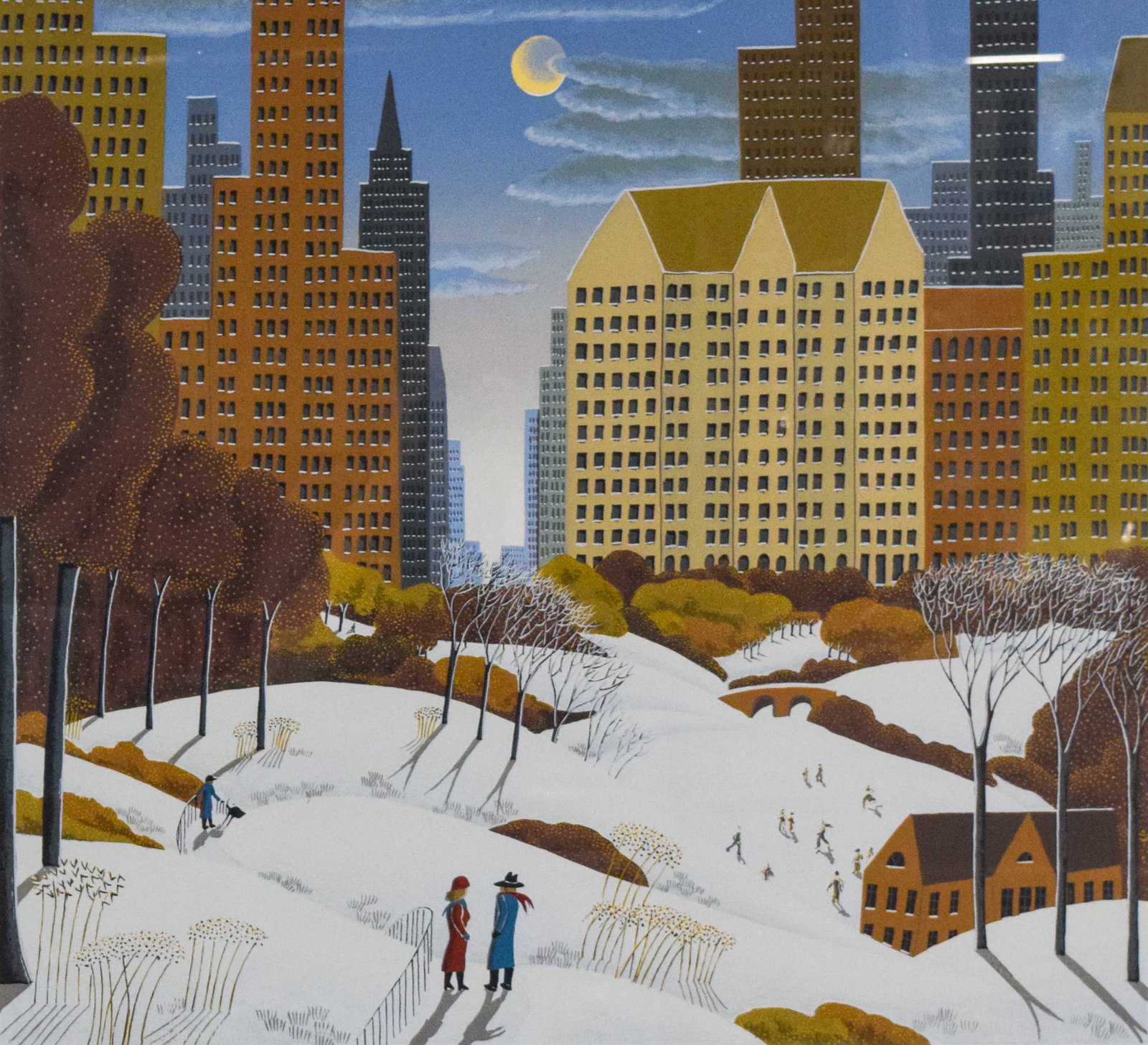 Thomas McKnight Lithograph Central Park Winter Scene: Thomas McKnight (American, b. 1941). Limited edition color lithograph, stylized winter scene in Central Park. Pencil-signed lower right and numbered 56/175 lower left. 26 1/2" x 28" sight size, 35" x 