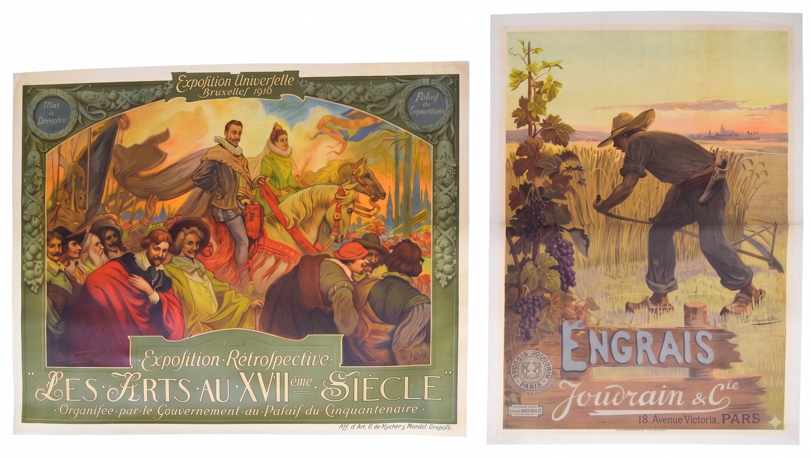 Two Vintage Lithographic Posters, Florimond van Acker and Hugo d'Al?si: Two vintage color lithographic posters mounted on linen. Florimond van Acker (Belgian, 1858-1940). Exposition Universelle Bruxelles 1910: Les Arts au 17th Century. Signed in the plate lower left with 