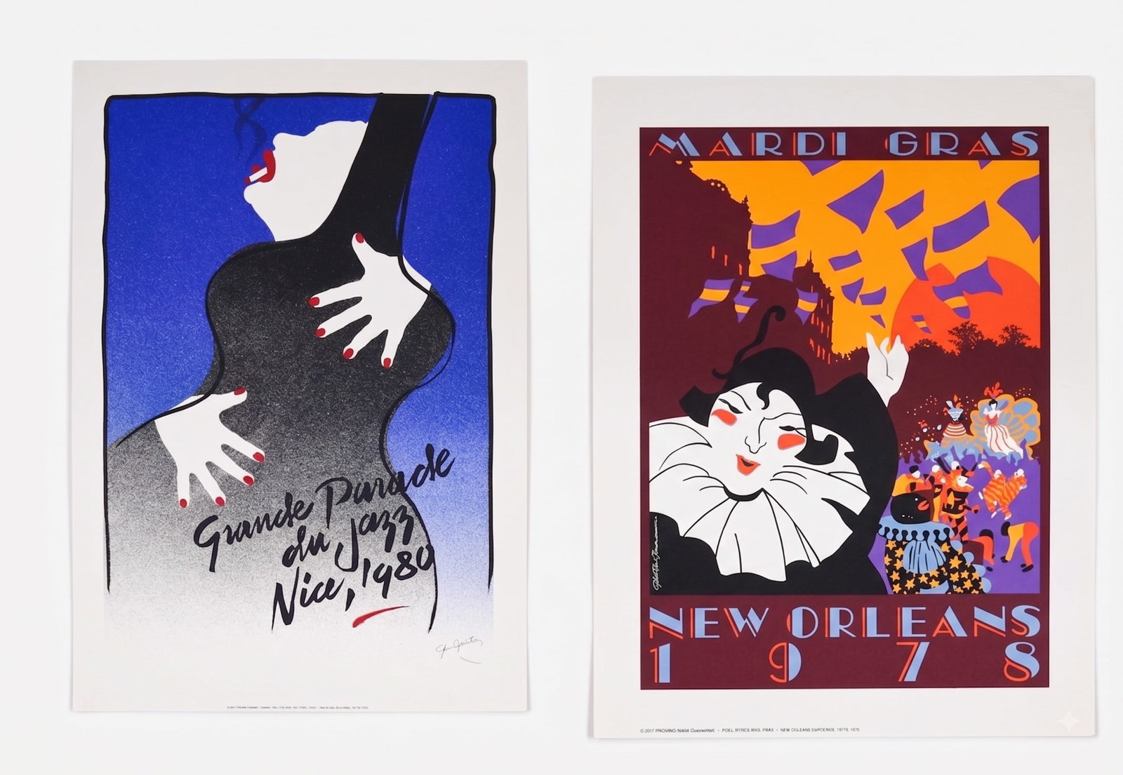 Two Vintage Jazz Posters, John Gentry and Christi Bourgeois: Pair of vintage jazz-themed posters on heavy paper, published by the Pro/Creations Publishing Company of New Orleans, Louisiana. Grande Parade du Jazz, Nice, 1980 is numbered 1706/5000 in the lower ri