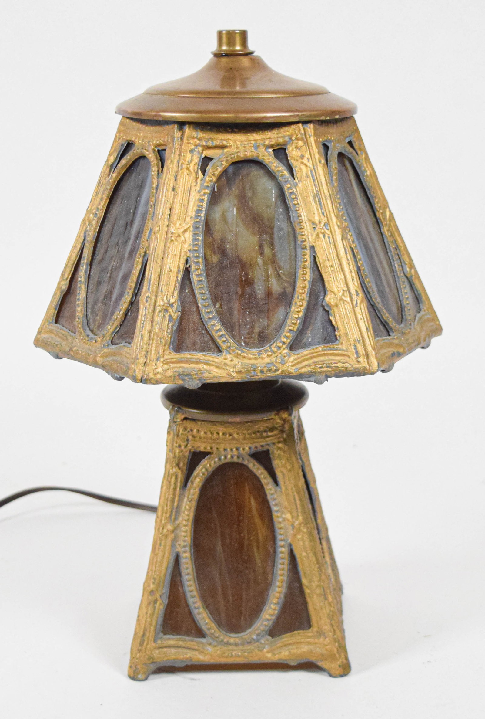 Art Nouveau Style Slag Glass Hexagonal Boudoir Lamp with Illuminated Base (1 of 9)