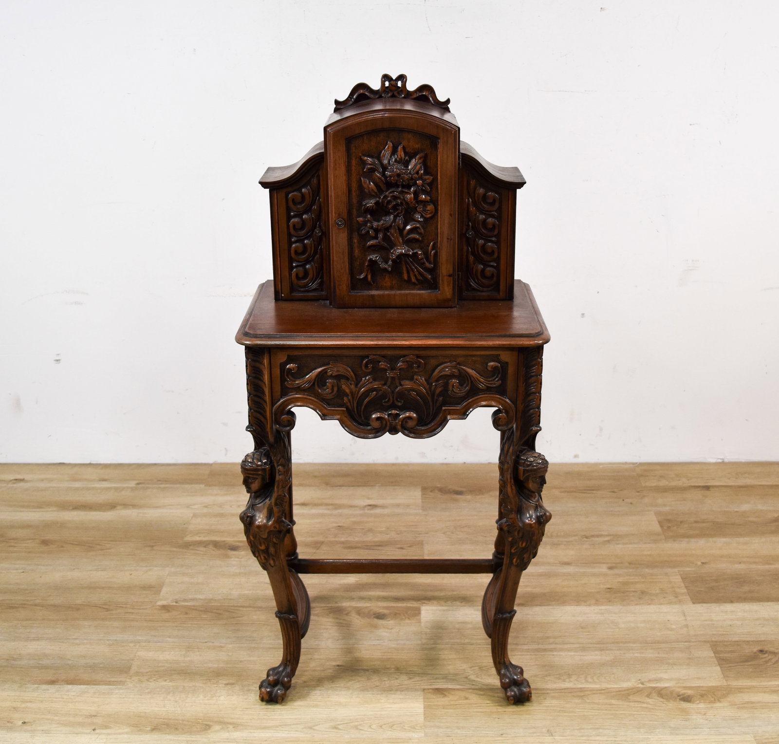 Renaissance Revival Style Carved Hardwood Telephone Cabinet Desk (1 of 8)