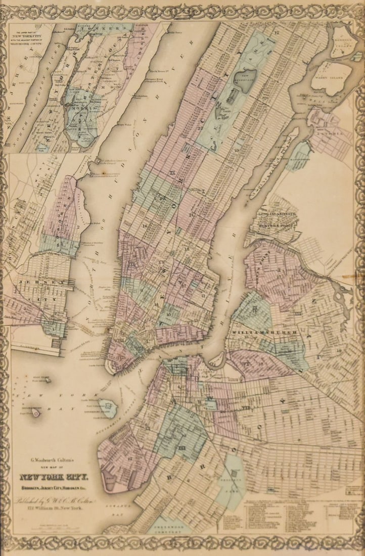 Colton, G.W. New Map of New York City, Brooklyn, Jersey City, Hoboken Etc. G.W. & C.B. Colton, 1865: G. Woolworth Colton’s New Map of New York City, Brooklyn, Jersey City, Hoboken Etc., published by G.W. & C.B. Colton at 172 William St., New York. This hand-colored engraved map bears a copyright da