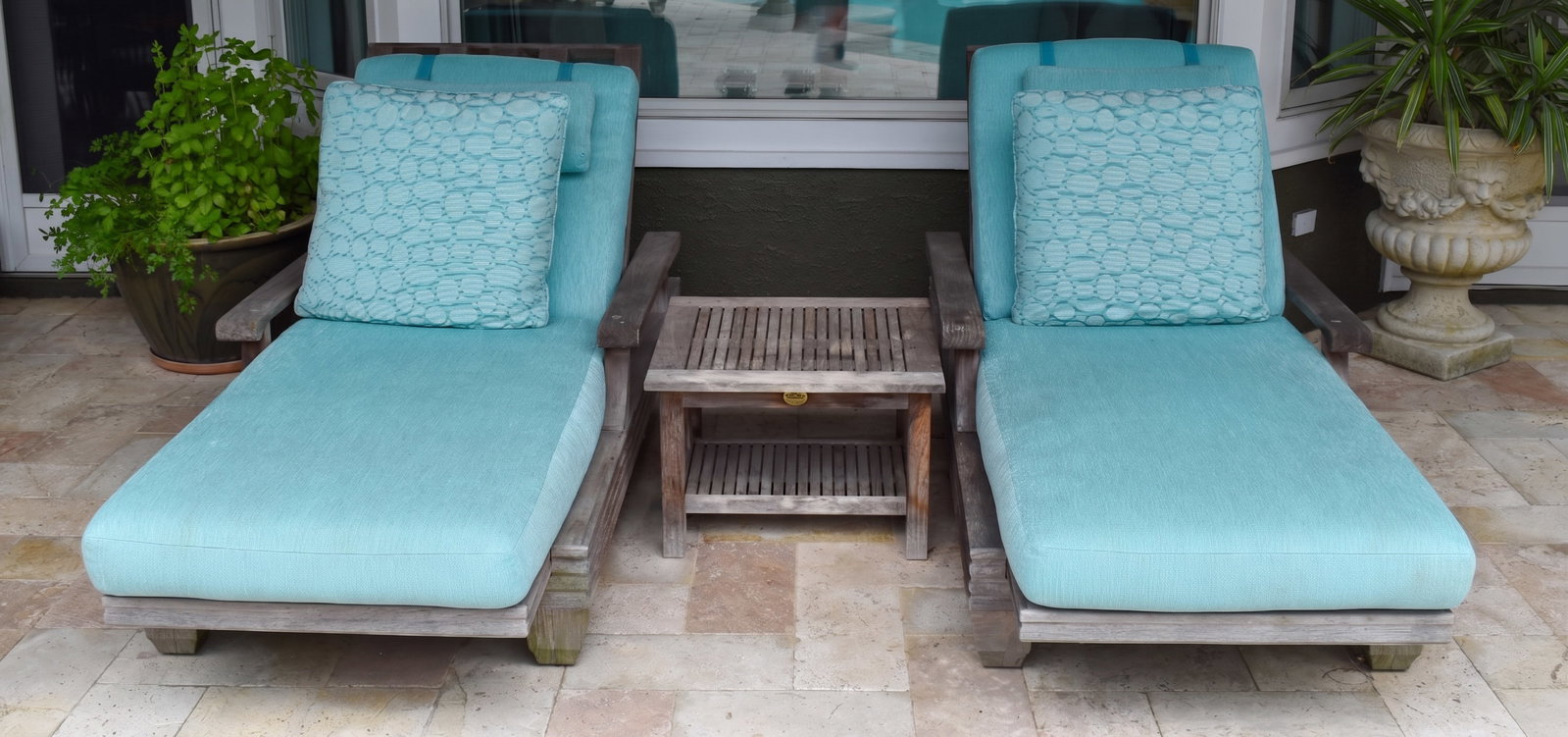 Pair of Giati Teak Chaise Loungers and Barlow Tyrie Mission Side Table (1 of 12)