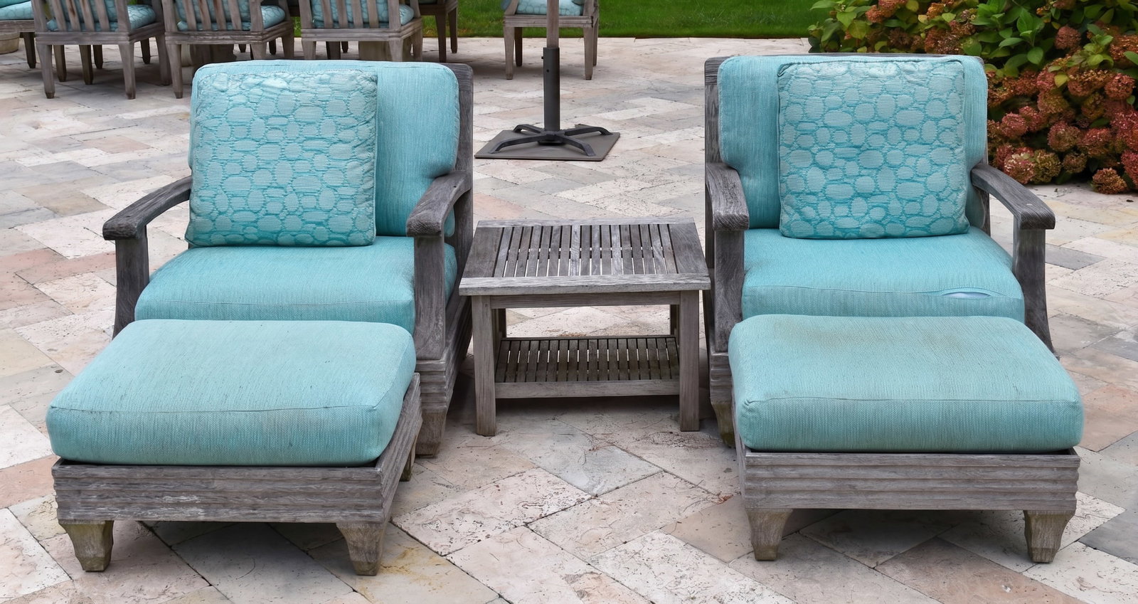 Pair Of Giati Teak Club Chairs And Ottomans With Barlow Tyrie Side Table (1 of 20)