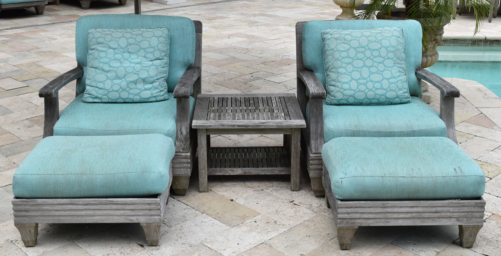 Pair Of Giati Teak Club Chairs And Ottomans With Barlow Tyrie Side Table (1 of 17)
