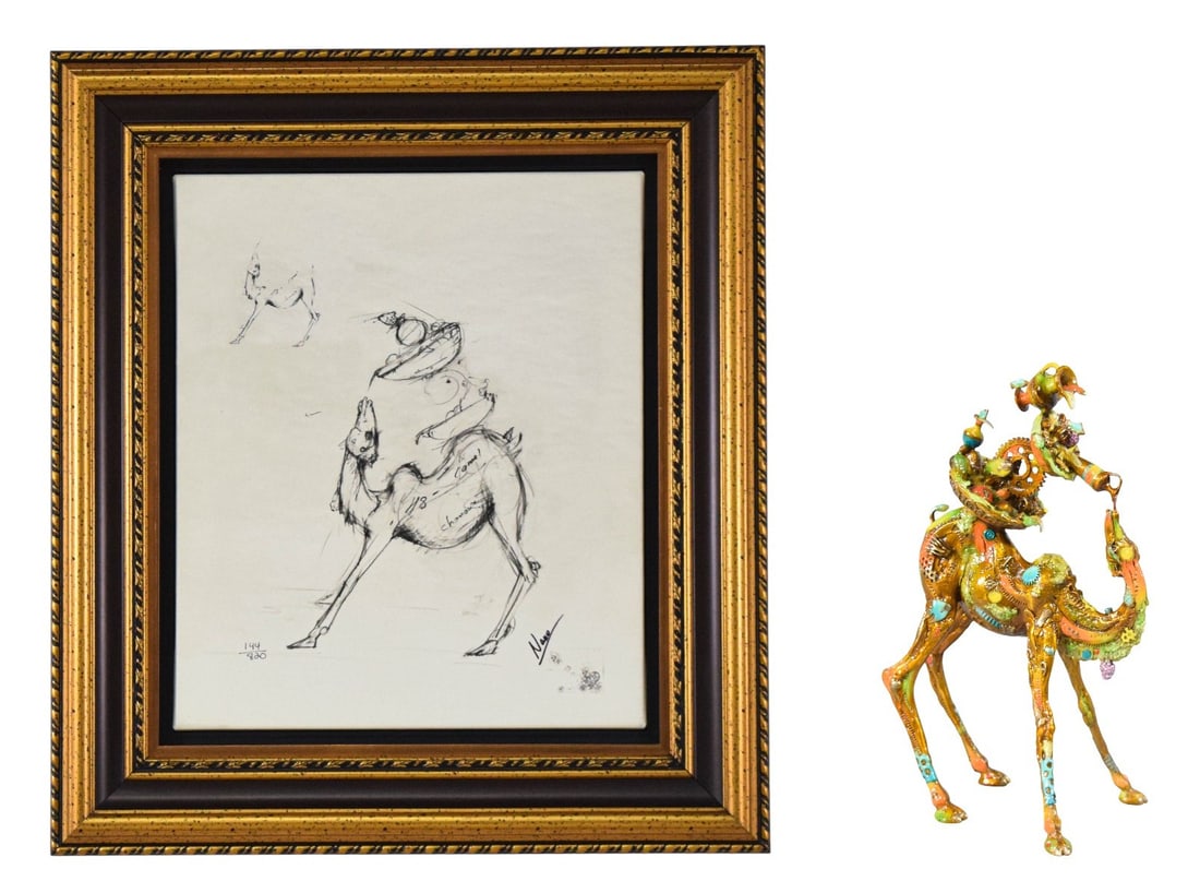 Nano Lopez Bronze Sculpture and Giclee Phillippe III Jr: Nano Lopez (Colombian b. 1955). Bronze sculpture with matching embellished giclee "Phillippe III Jr." Polychrome enameled bronze of a camel with cast and inset elements including turquoise-colored cab