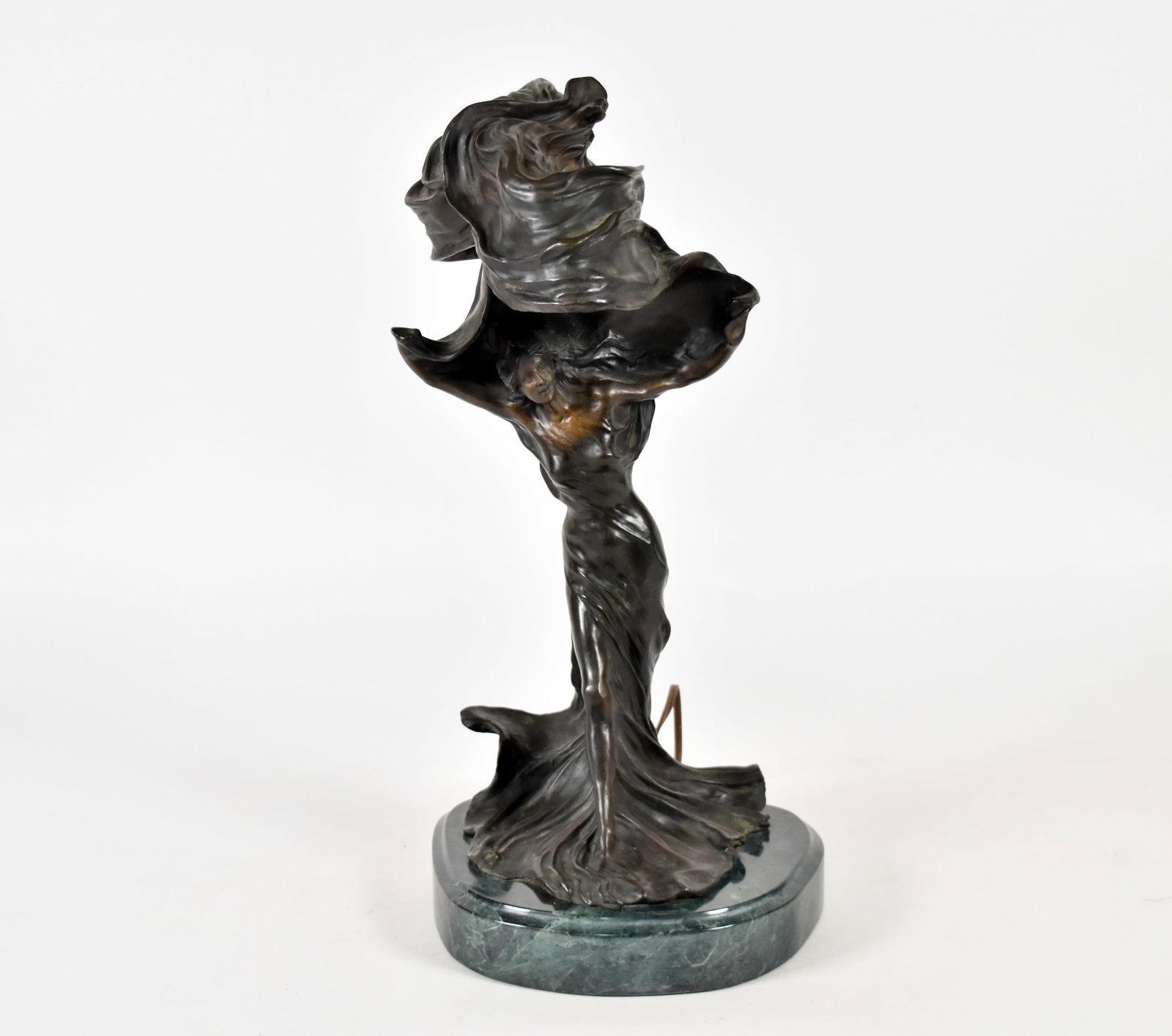 Raoul Larche Bronze Loie Fuller Table Light Sculpture: François-Raoul Larche (French, 1860–1912). Art Nouveau cast bronze table light sculpture mounted on a green marble base. Signed Raoul Larche on the base of the bronze. 18" H. Needs rewiring.