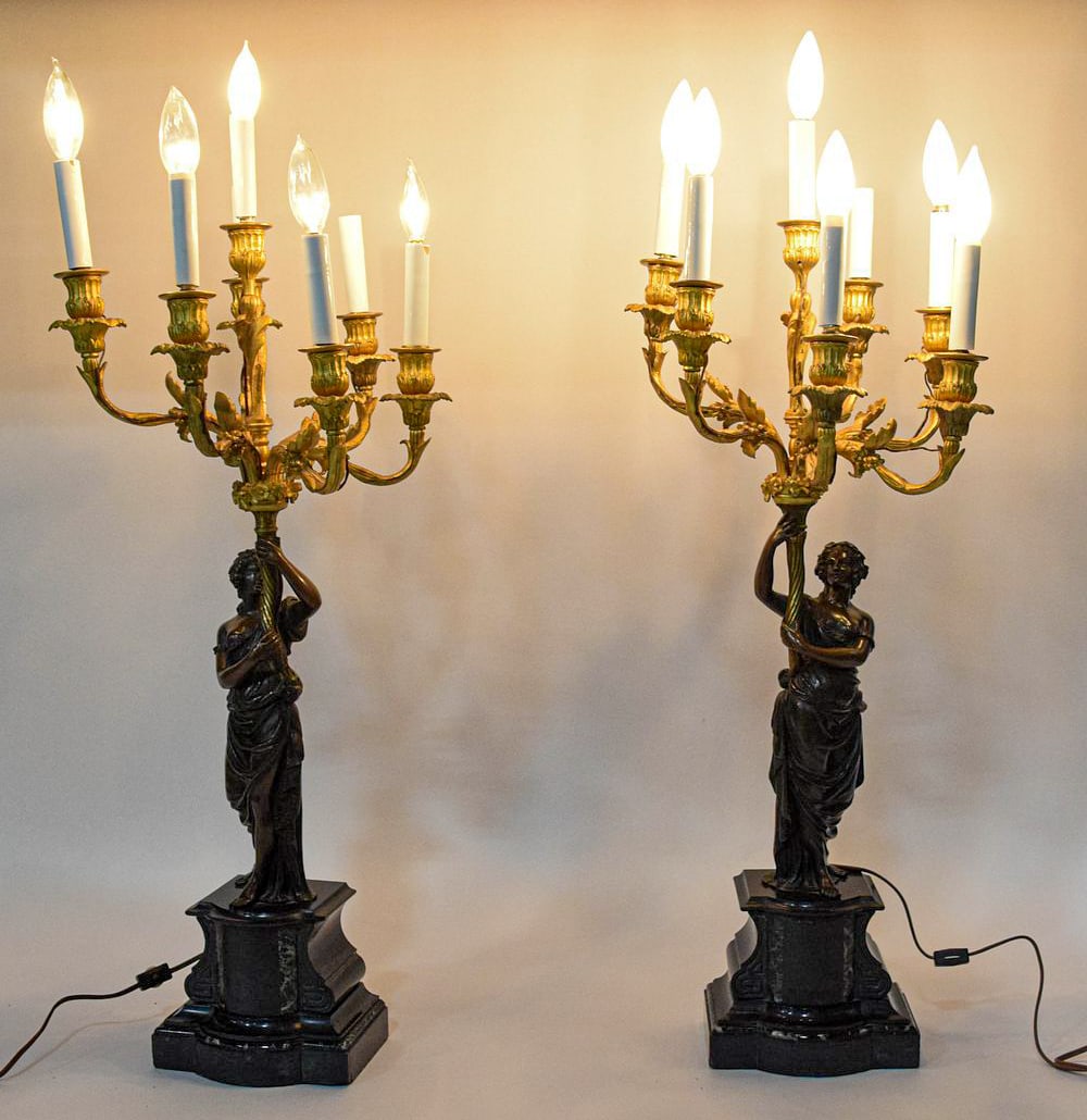 After Francois Remond, Pair of French Neoclassical Style Gilt and Patinated Bronze Candelabra Lamps (1 of 16)