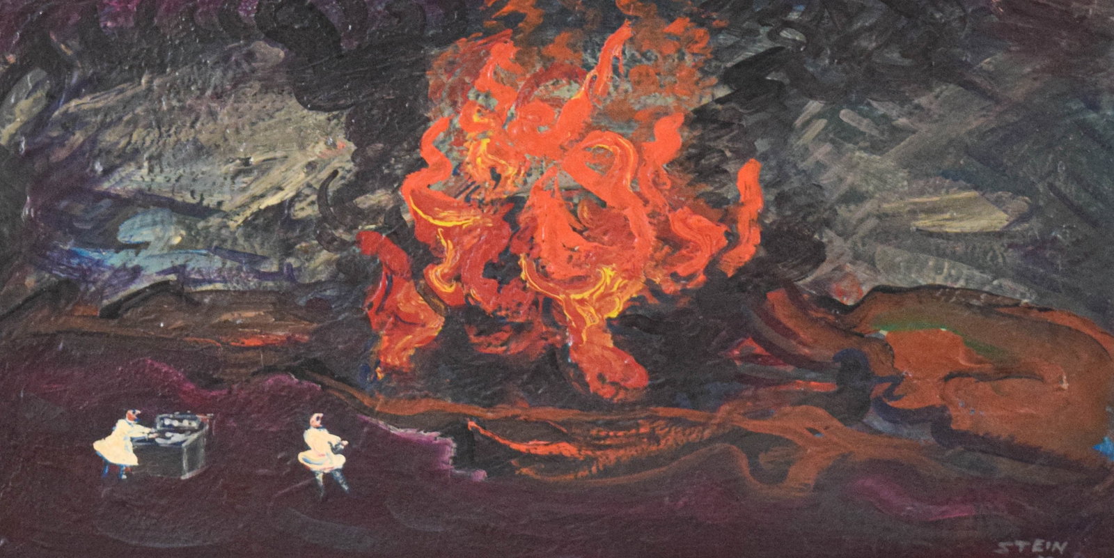 Philip Stein Oil on Board Fire Scene: Philip Stein / "Estaño" (American, 1919-2009). Oil on board, fire scene (untitled). Signed lower right. 12" x 23 5/8" sight size, 18 7/8" x 30 1/2" with frame.
