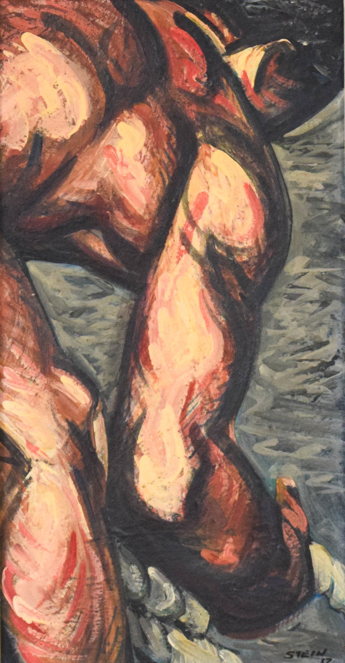 Philip Stein Oil on Board Abstract Figurative Study: Philip Stein / "Estaño" (American, 1919-2009). Oil on board, abstract figurative study. Signed and dated Stein 57 lower right. 21 1/4" x 11" sight size, 28" x 17 3/4" with frame.
