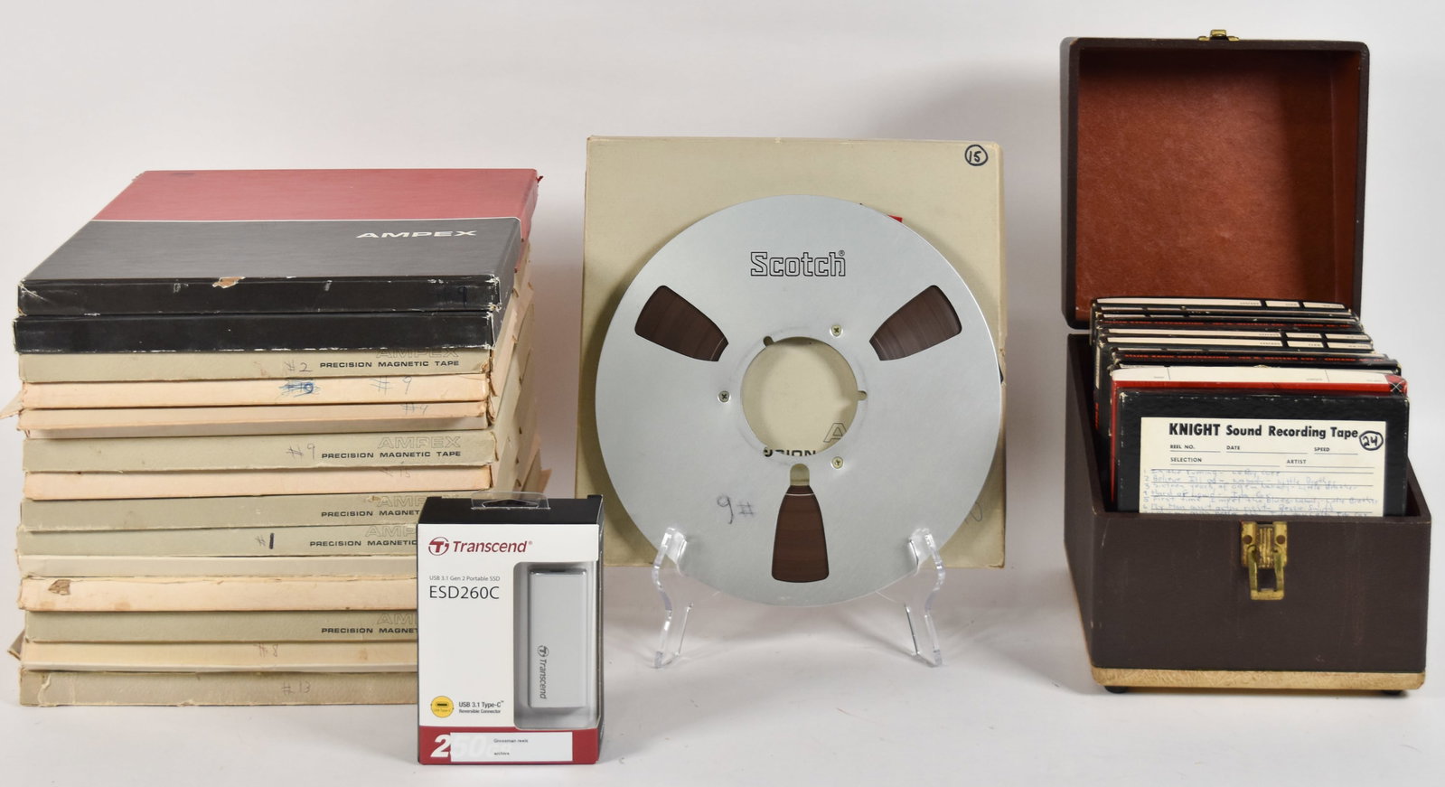 Albert Grossman Estate Folk & Blues Reel-to-Reel Archive: Collection of magnetic reel-to-reel tapes found at the property of Albert Grossman documenting significant 1950s and 1960s folk and blues recordings. The archive comprises 15 large 10.5-inch reels and