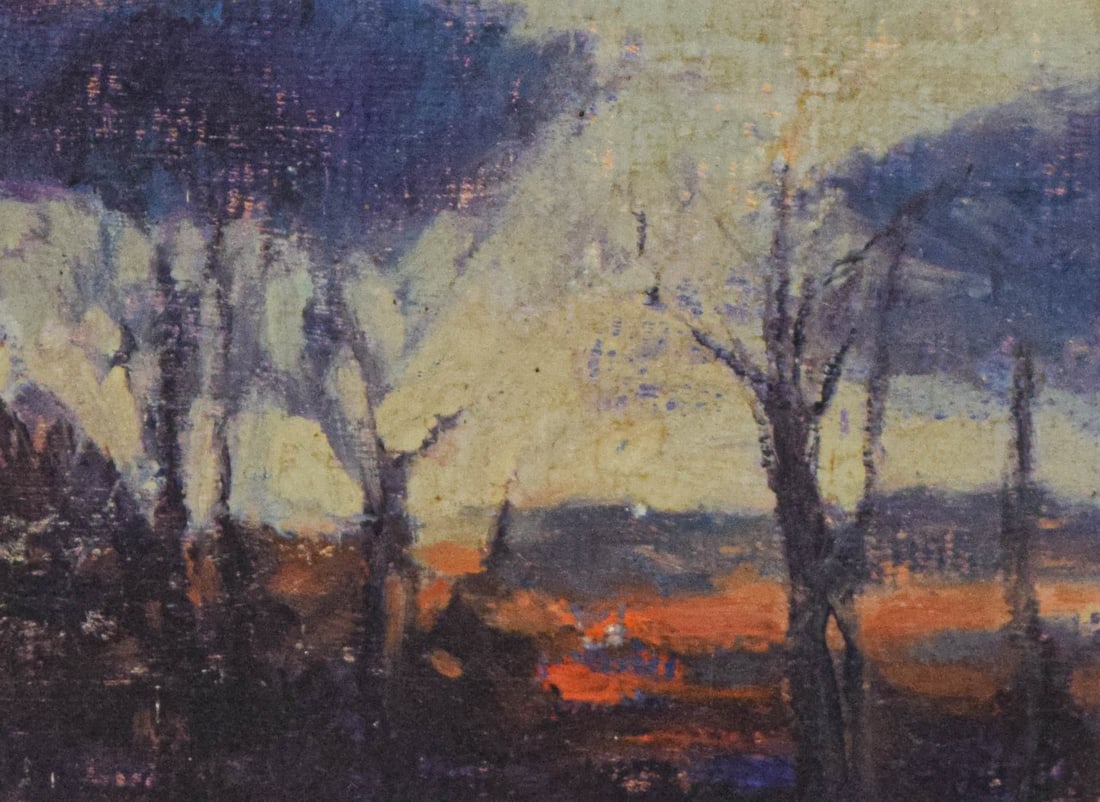 Boyd Oil on Board Trees at the Ashokan: Boyd (20th Century). Oil on board, Trees at the Ashokan, 1988. The landscape shows silhouetted tree forms against an orange and indigo sky. The work is housed in a silver-plated frame with a linen-tex