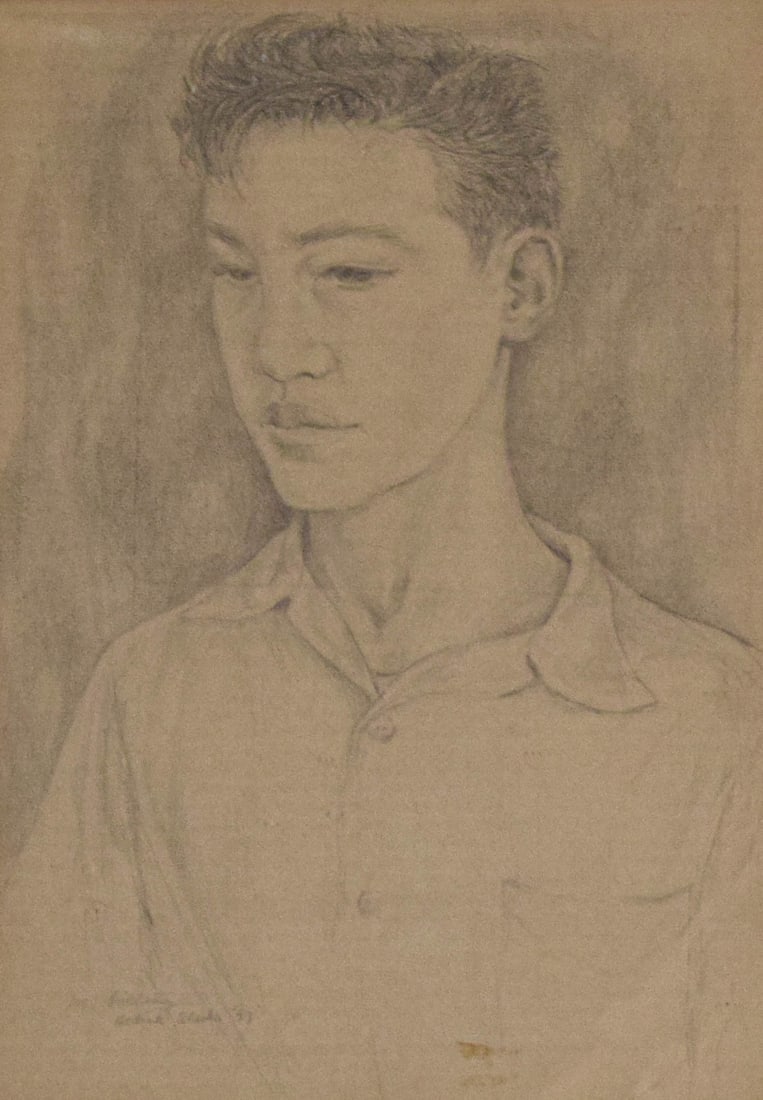 Martha Bolling Pencil and Graphite Portrait of a Boy: Martha Bolling (American, 1913-2004). Pencil and graphite on toned paper, portrait of a boy, 1953. The subject is depicted in a three-quarter chest-up view with dark, wavy hair and a pensive downward 