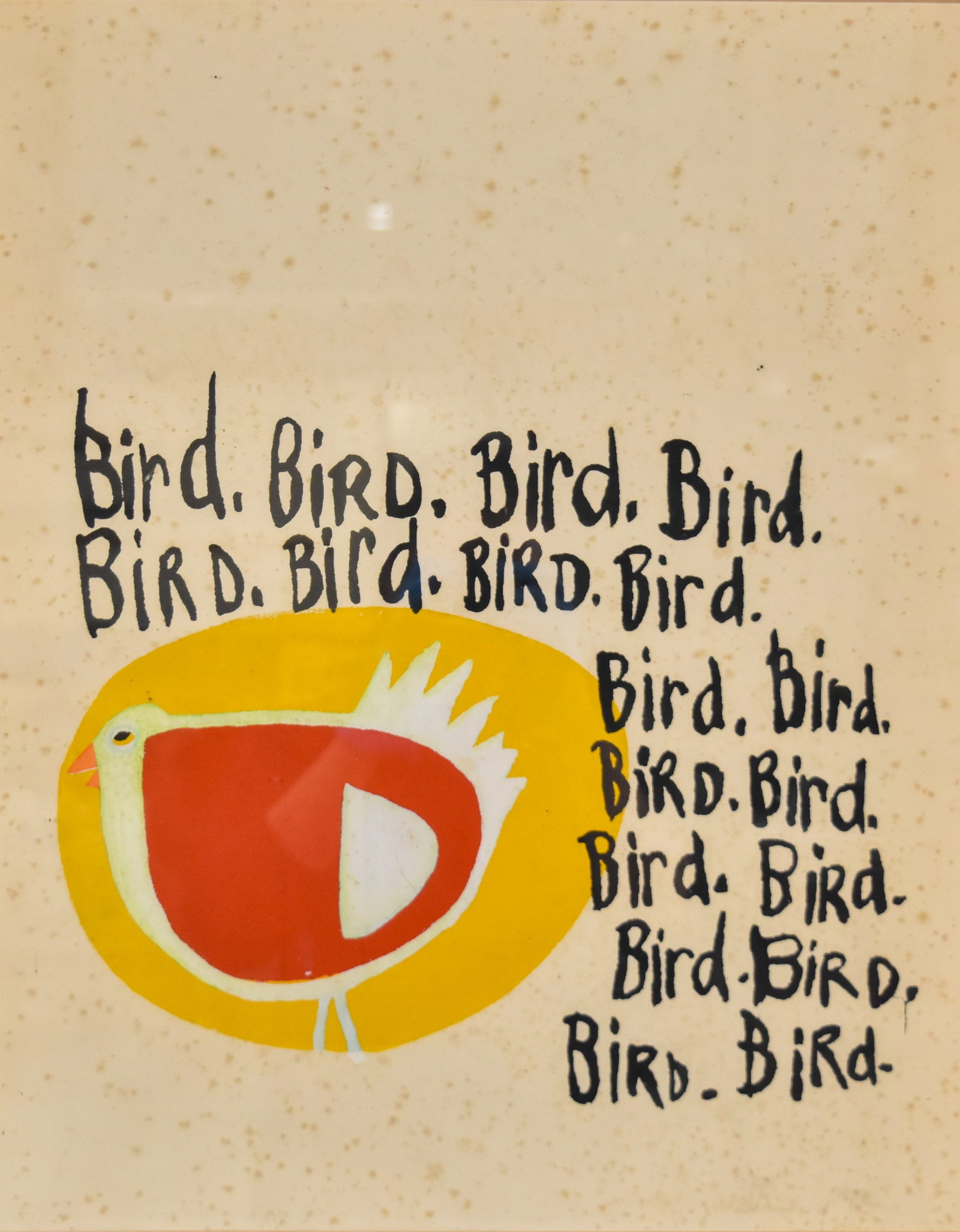 M. Stephen Screenprint Poster Bird: M. Stephen (20th Century). Screenprint, Bird. Whimsical mid-century graphic work featuring a stylized red and white bird centered in a yellow oval, flanked by the word Bird repeated in various calligr