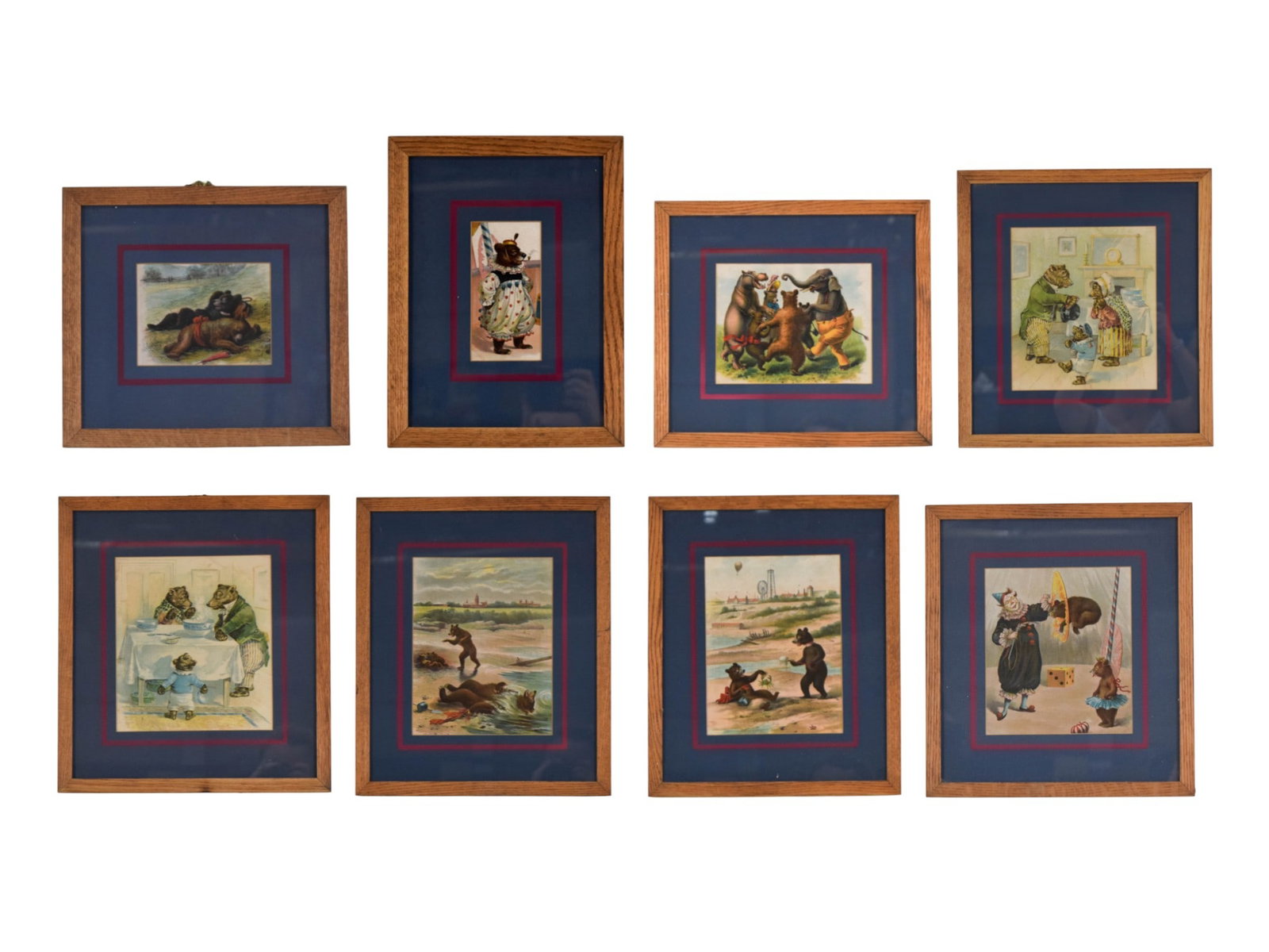 Group of 8 G.H. Thompson Chromolithographs Bear Scenes: George H. Thompson (British, 1853-1933). Group of eight chromolithographs featuring anthropomorphic bear scenes, in reference to Grossman's Bearsville, New York estate. Each print is housed in a natur