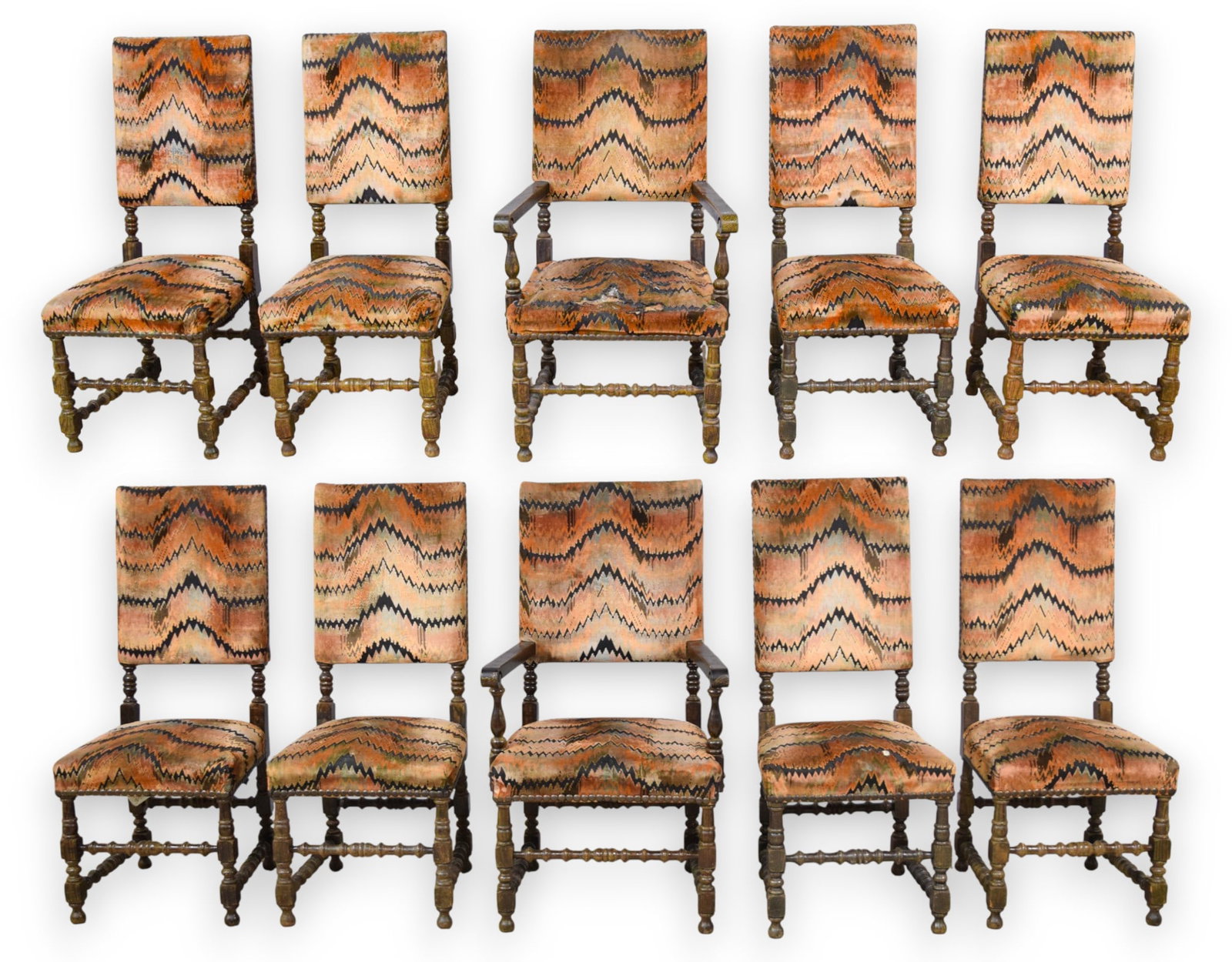 10 Jacobean Revival Style Dining Chairs: From the Woodstock, New York estate of music manager Albert Grossman, best known for managing artists including Bob Dylan, Janis Joplin, The Band, and Peter, Paul and Mary. This set of chairs matches
