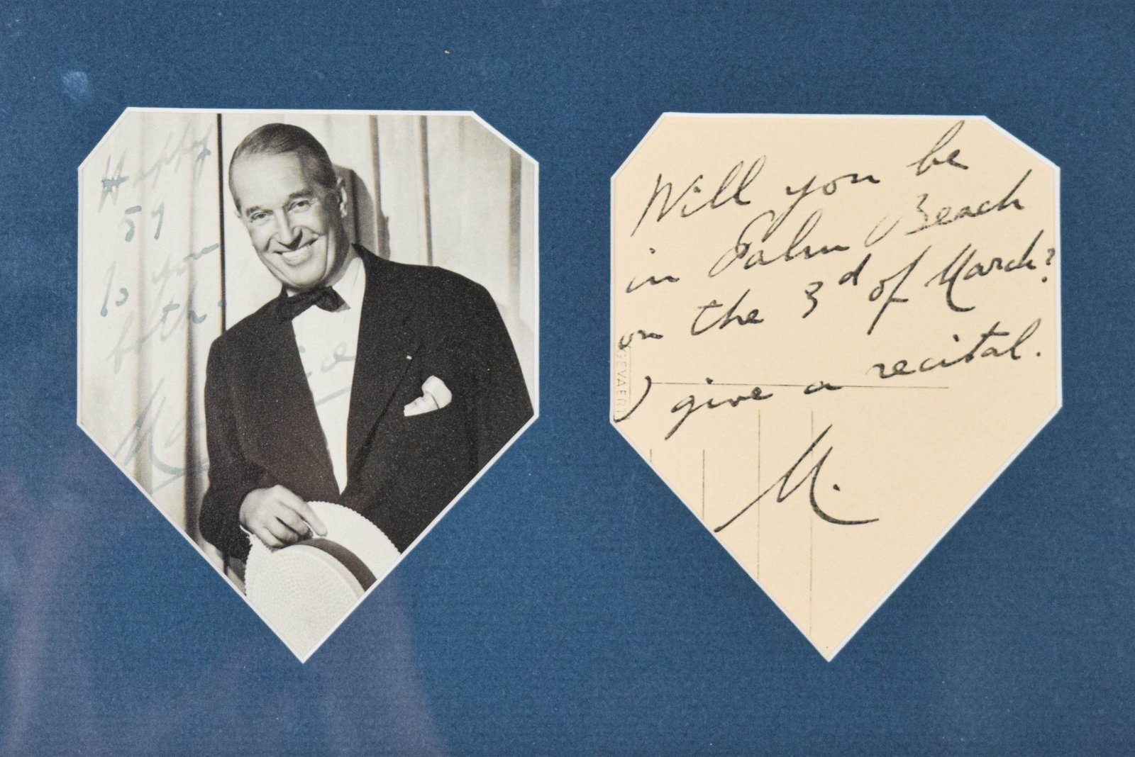 Maurice Chevalier Autographed Photograph and Signed Handwritten Note: Maurice Chevalier (French, 1888-1972). Framed entertainment memorabilia including an autographed black-and-white photograph and a separate handwritten note on cardstock. The portrait depicts the enter