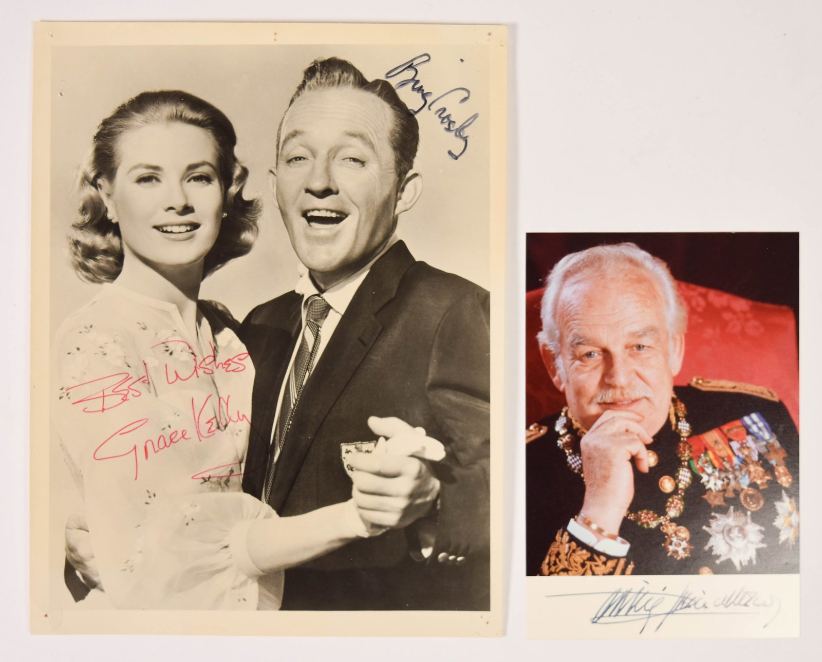 2 Autographed Photographs of Grace Kelly Bing Crosby and Prince Rainier III: Grace Kelly (American, 1929-1982), Bing Crosby (American, 1903-1977), and Prince Rainier III (Monegasque, 1923-2005). Two autographed photographs including a black and white silver gelatin promotional