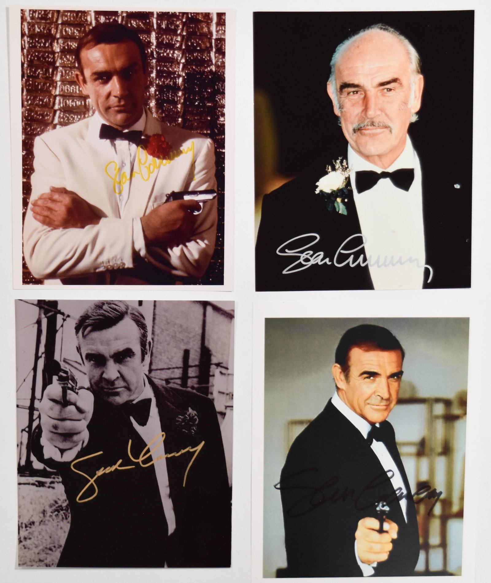 4 Signed Sean Connery James Bond 8x10 Photographs with COA: A collection of four autographed 8 inch by 10 inch photographs featuring actor Sean Connery, primarily in his iconic role as James Bond 007. The set consists of three color photographs and one black a