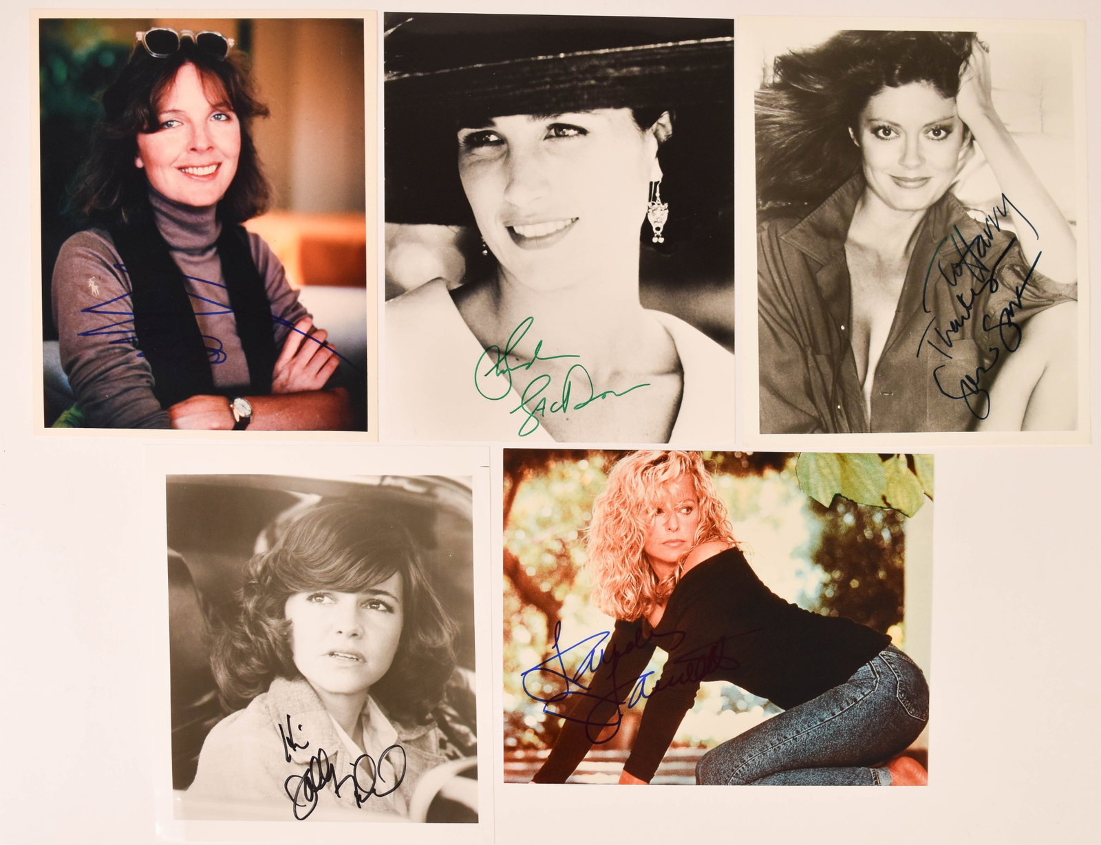 5 Signed Glossy Publicity Photographs of Actresses Including Diane Keaton and Susan Sarandon: A group of five signed publicity photographs of notable American actresses. Diane Keaton (American, b. 1946) is featured in a color glossy photograph signed in blue felt-tip ink with a stylized