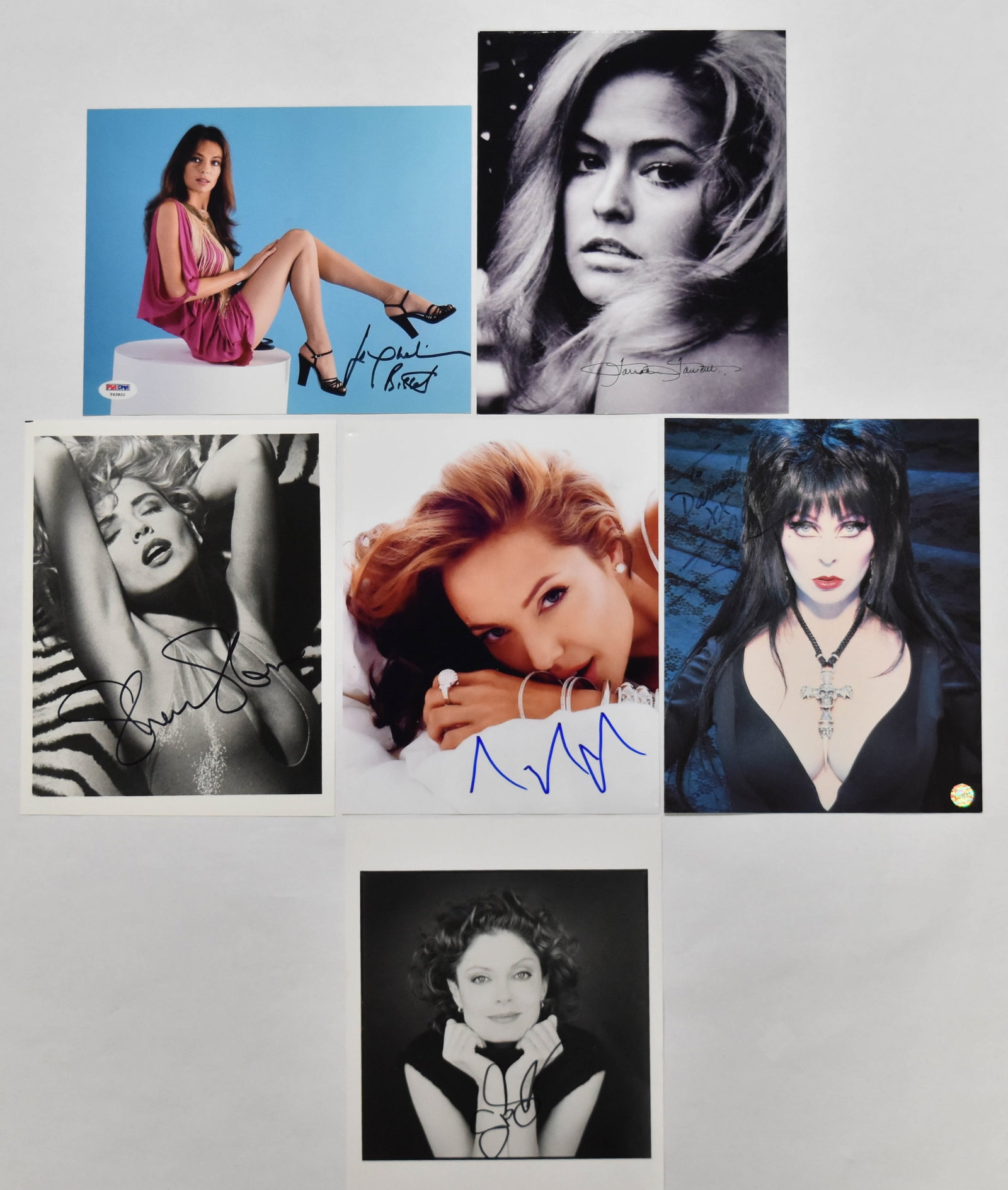 6 Prominent Hollywood Actresses Signed Photographs Including Angelina Jolie and Sharon Stone: 6 autographed 8x10 photographs of various prominent Hollywood actresses. The collection includes Jacqueline Bisset (British, b. 1944), Farrah Fawcett (American, 1947-2009), Sharon Stone (American, b.