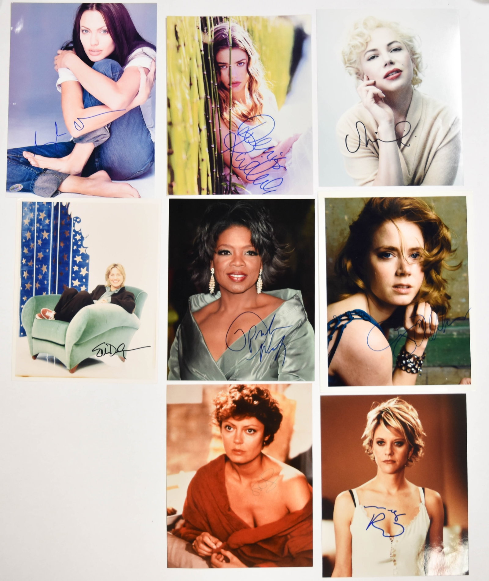 8 Celebrity Autographed 8x10 Photographs Angelina Jolie, Denise Richards, Oprah: Eight signed color and black-and-white 8x10 photographs featuring prominent film and television celebrities Angelina Jolie, Denise Richards, Michelle Williams, Ellen DeGeneres, Oprah Winfrey, Amy Adam