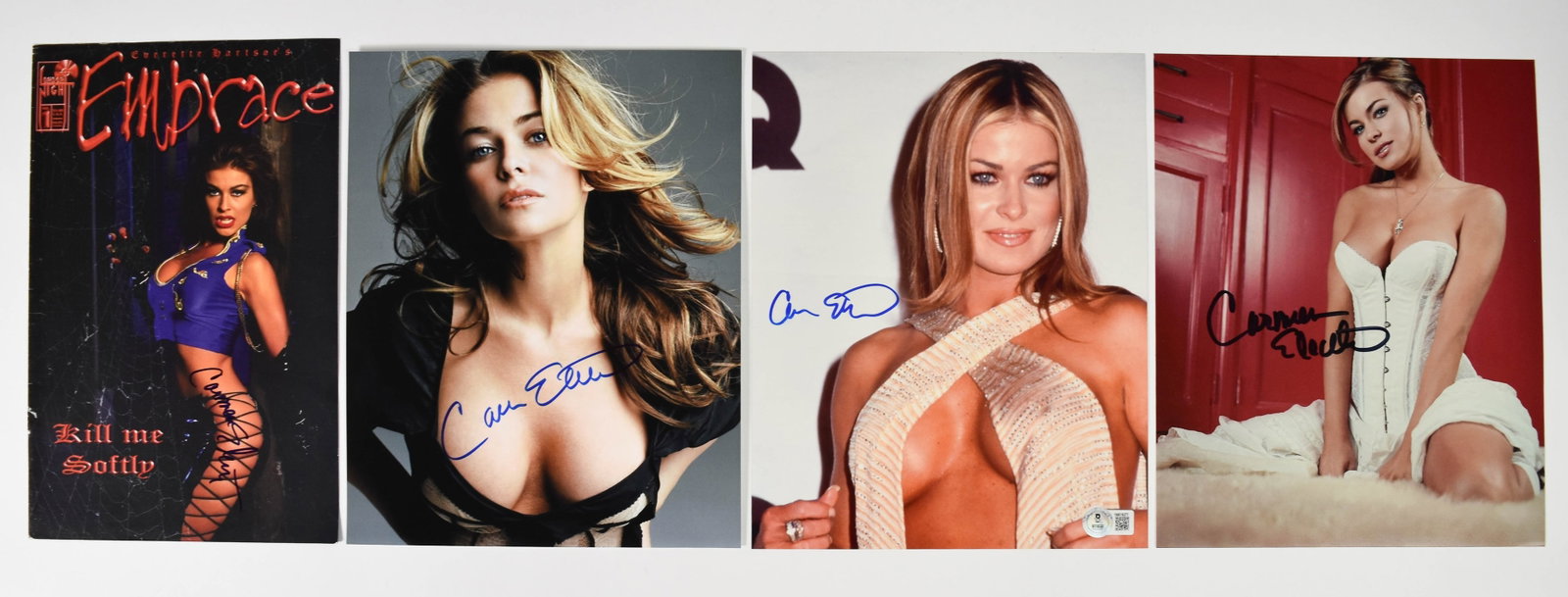 4 Carmen Electra Signed Color Photographs and Comic Book: Carmen Electra (American, b. 1972). Assortment of four signed items featuring the actress and model, comprising one comic book and three color photographic portraits. The collection includes a copy of
