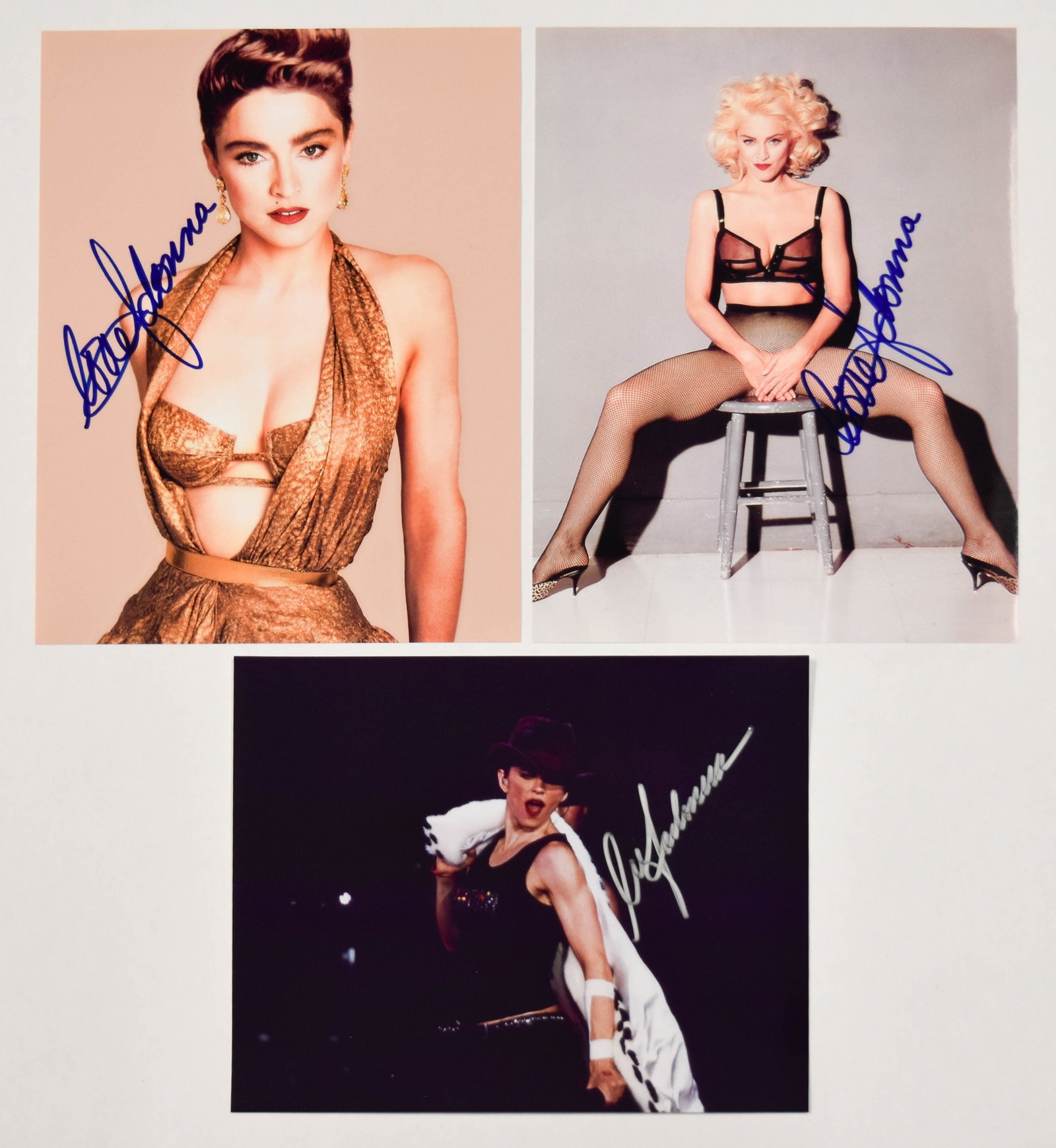 3 Madonna Autographed Color Photographs: Madonna (American, born 1958). Three color photographs capturing the entertainer in distinct professional contexts. The first image is a studio portrait featuring Madonna in a gold-tone dress. The sec