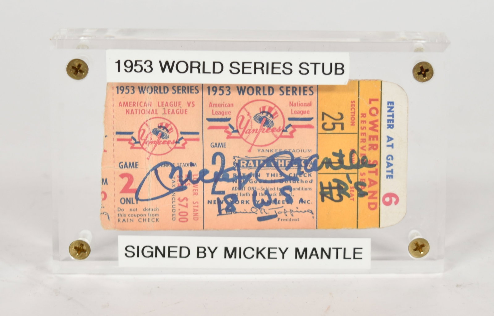 Mickey Mantle Signed Paper 1953 World Series Game 2 Ticket Stub (1 of 7)