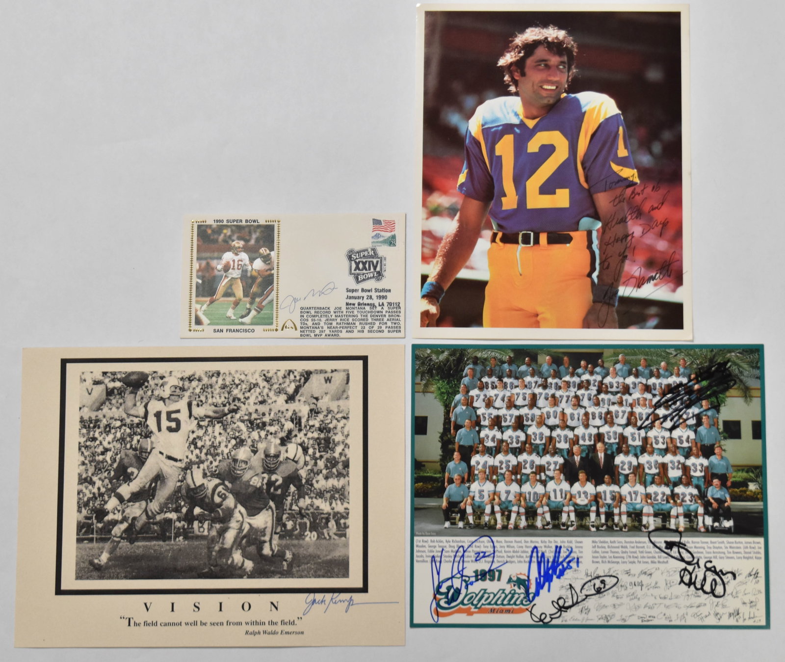 4 Signed Football Photographs and Ephemera Including Joe Montana and Joe Namath: Four signed American football memorabilia items. Joe Montana (American, b. 1956) signed Gateway commemorative postal cover for Super Bowl XXIV, postmarked January 28, 1990, in New Orleans, Louisiana. 