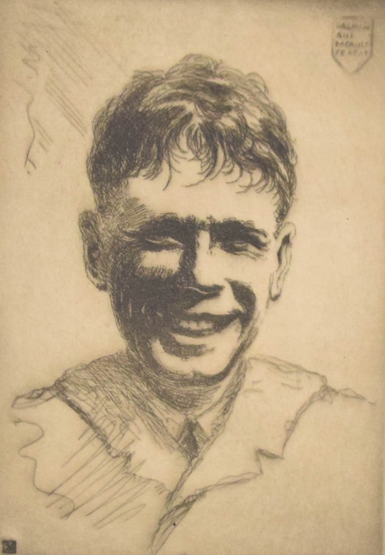 Signed Hoppe Etching Charles Lindbergh Portrait: Etching on paper, portrait of aviator Charles Lindbergh, 1927. The work features a shield in the upper right corner with the Latin motto PALMAM QUI MERUIT FERAT and a square artist monogram in the low