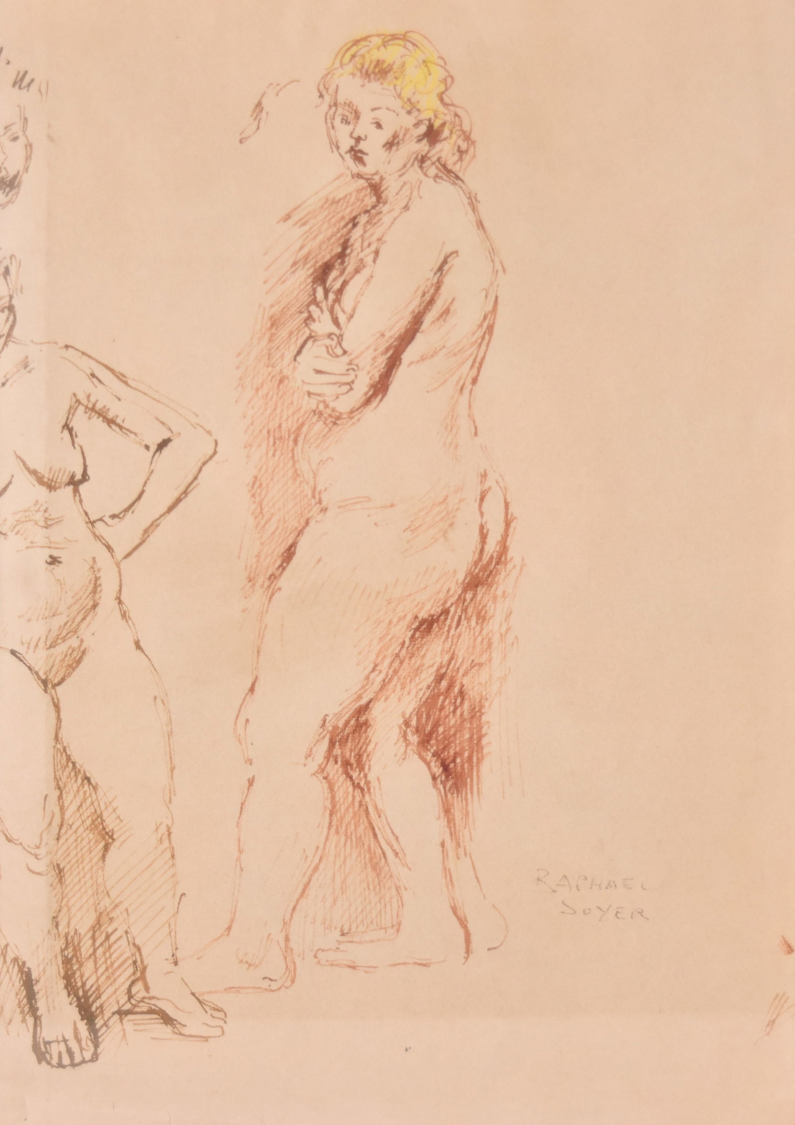 Raphael Soyer Pen and Ink Female Nude Studies: Raphael Soyer (American, 1899-1987). Pen and ink with yellow pigment on toned paper, female nude studies. The composition features two gestural studies of female figures rendered in brown and sepia in