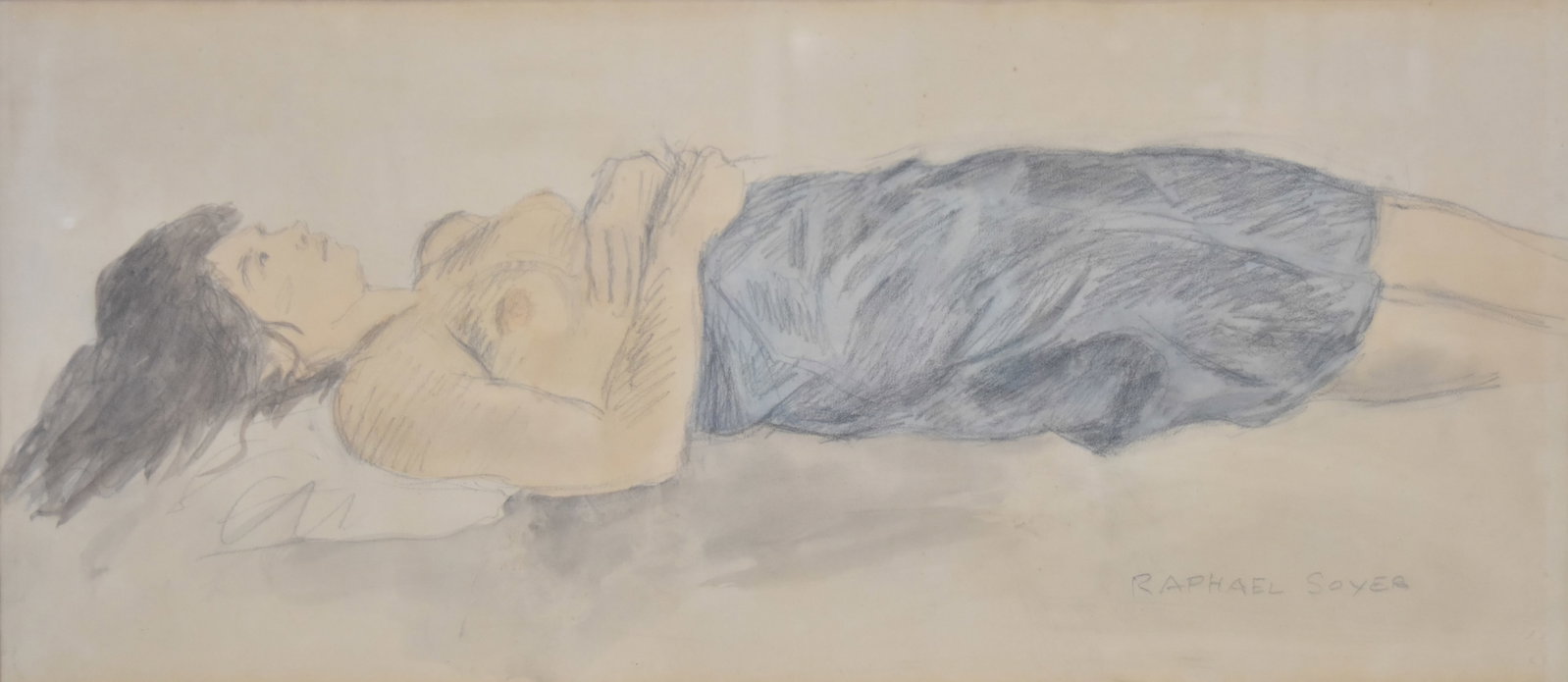 Raphael Soyer Graphite and Colored Pencil on Paper Reclining Nude: Raphael Soyer (American, 1899-1987). Graphite and colored pencil on toned wove paper, reclining female figure partially draped in blue. Signed Raphael Soyer in pencil in the lower right corner. The wo