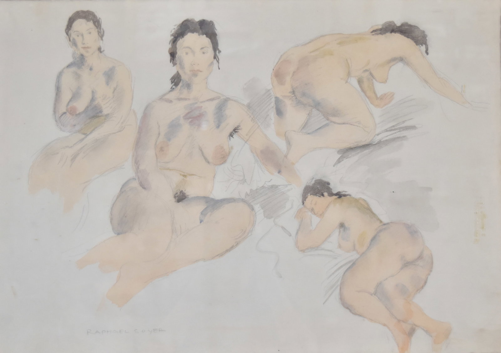 Raphael Soyer Watercolor and Graphite on Paper Four Female Nudes: Raphael Soyer (American, 1899-1987). Watercolor and graphite on paper, four female nudes. This multi-figure study features four distinct nude figures in various seated, kneeling, and reclining poses r