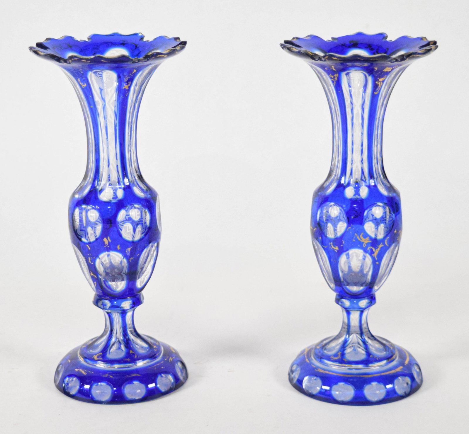 Pair of Bohemian Cobalt Cased Glass Cut to Clear Vases (1 of 13)