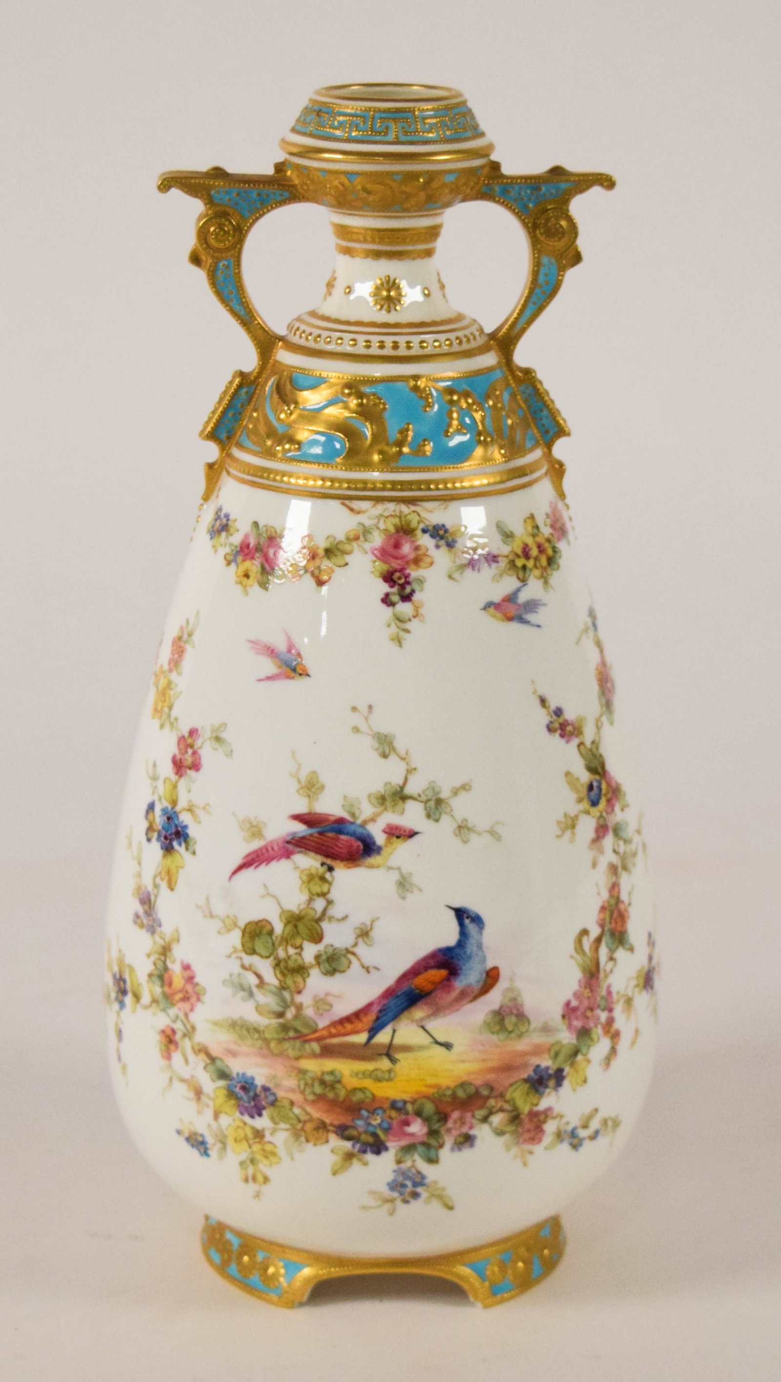 Bailey Banks & Biddle Classical Revival Porcelain Bird Vase: Bailey Banks & Biddle Classical Revival porcelain vase. The piece is constructed of fine white porcelain decorated with hand-painted polychrome enamels and raised gilding. Marked on the underside Bail