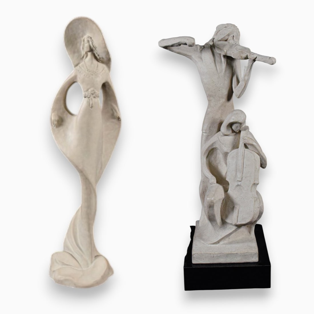 Two Austin Productions Cast Plaster Sculptures: Two Fisher Austin Productions cast plaster sculptures (c. 1980) including one stylized Art Deco Revival figure and one Durastone sculpture titled Violin and Cello. Both are signed on the base. Art Dec