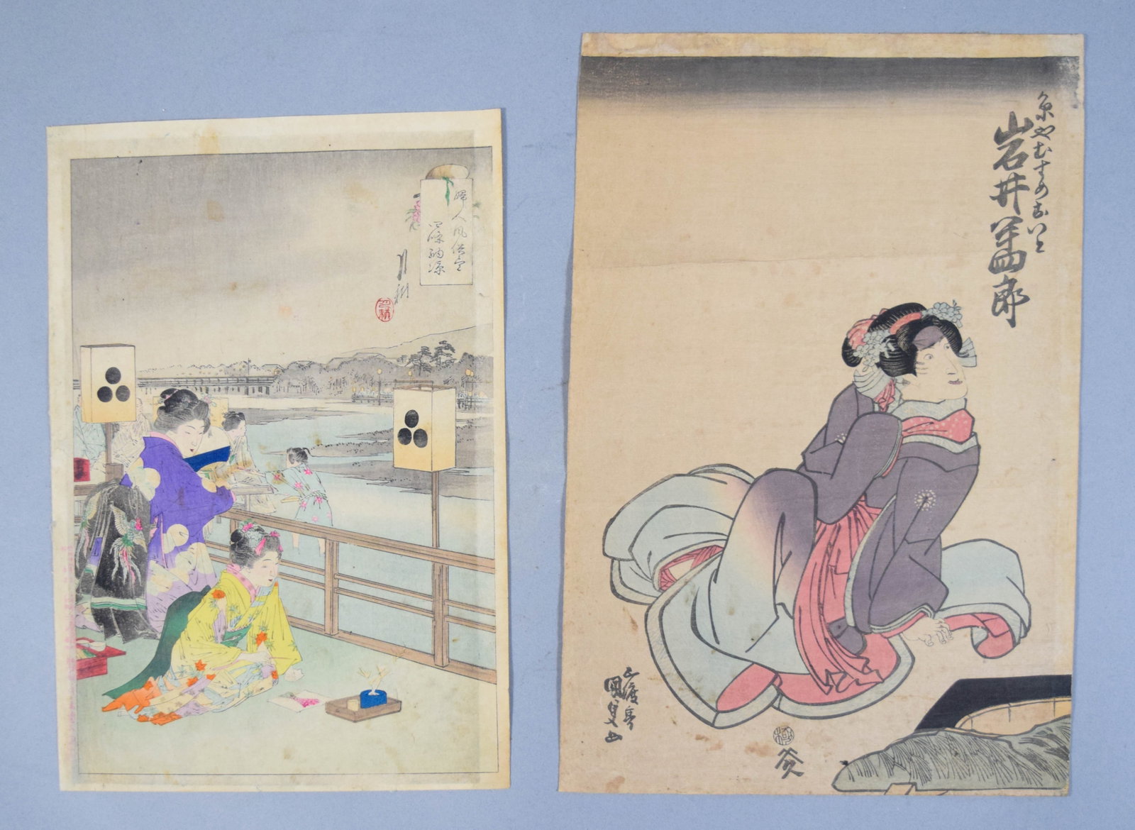 2 Japanese Woodblock Prints Incl Utagawa Kunisada: Two Japanese woodblock prints. The first depicts a group of women on a balcony overlooking a river at twilight. It includes a calligraphic inscription in the upper right referencing women's customs an