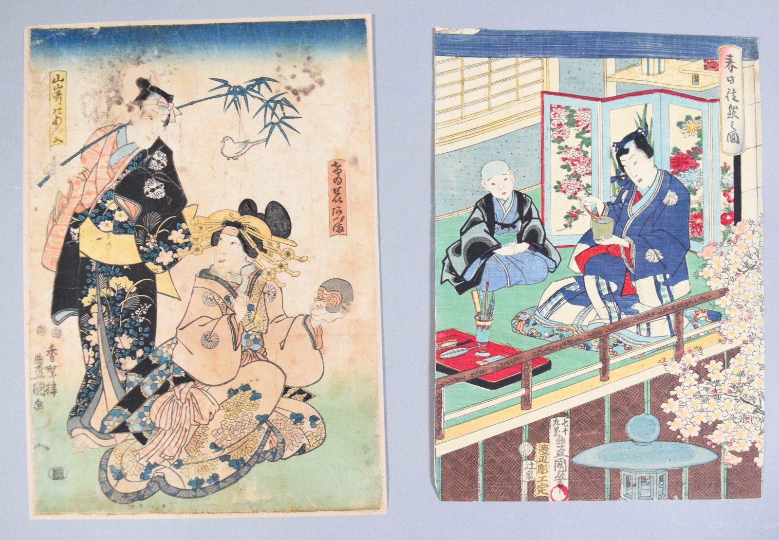 Utagawa Kunisada Pair of Japanese Woodblock Prints: Utagawa Kunisada (Toyokuni III) (1786?1865). Pair of Japanese woodblock prints. The first print depicts two figures in ornate floral robes, signed Kochoro Toyokuni ga with red seals at the lower left.