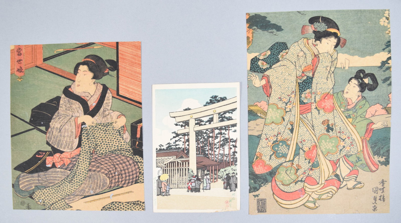 Group of 3 Japanese Woodblocks (Kochi-ro Kunisada & Kawase Hasui): Group of three Japanese woodblocks including one landscape postcard. The two larger prints are by Kochi-ro Kunisada (Utagawa Kunisada I, 1786?1865) and bear the signature Kochi-ro Kunisada ga. The thi